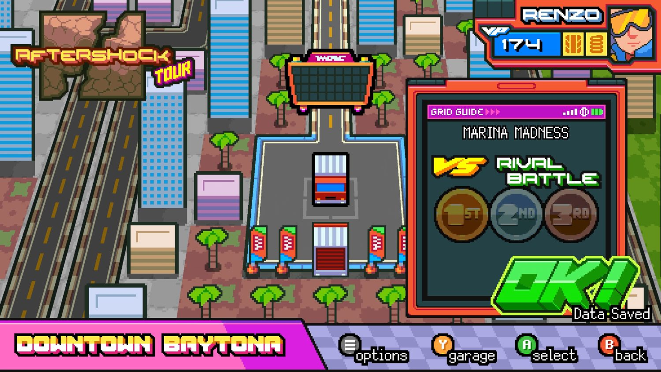 Un'interfaccia di gioco di corse pixelata con una mappa del tracciato, lo stato del gioco e un livello 'Marina Madness'.
