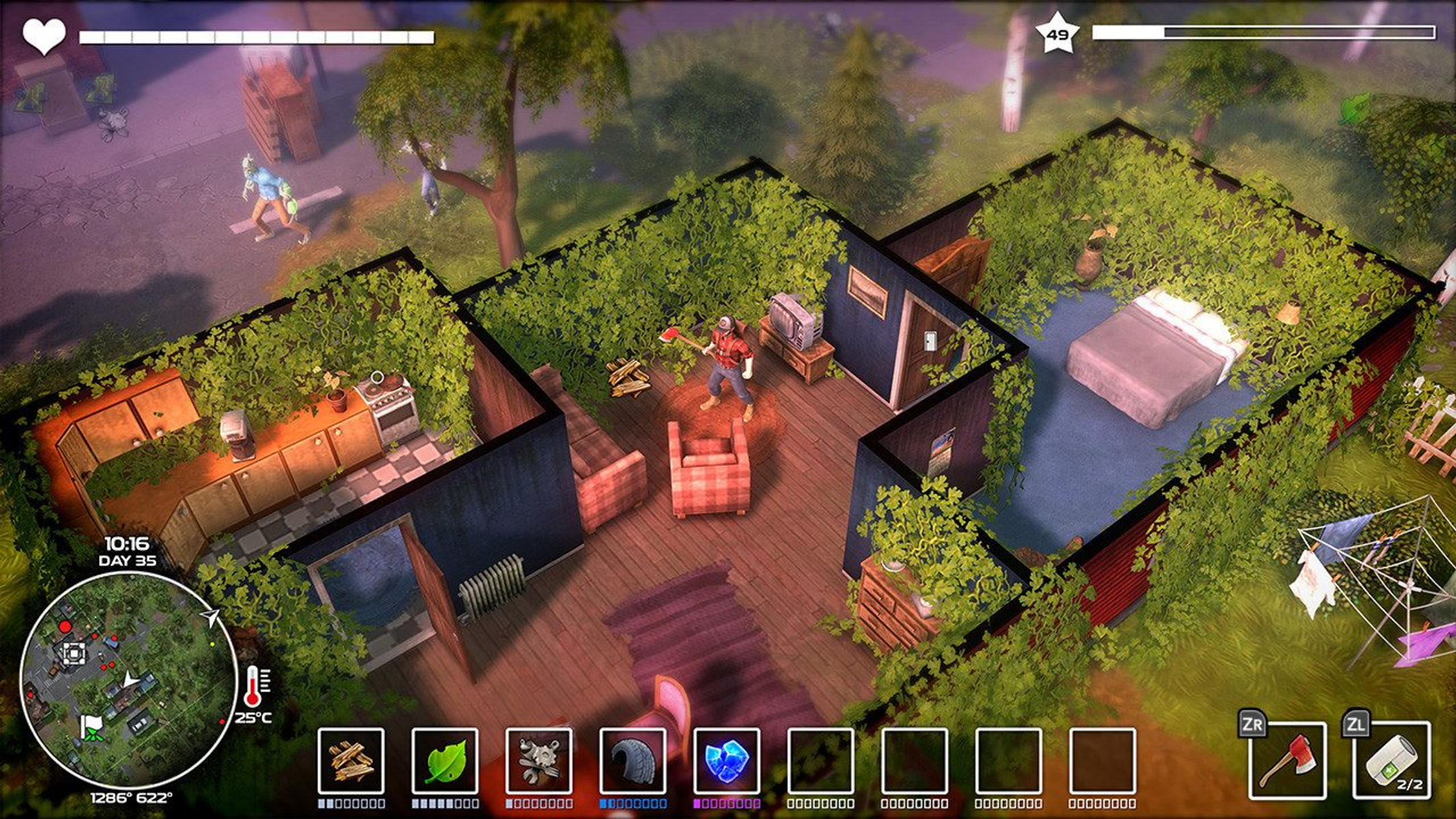 Vista desde arriba de una escena del juego. Un personaje con un hacha está en una casa, rodeado de plantas verdes.