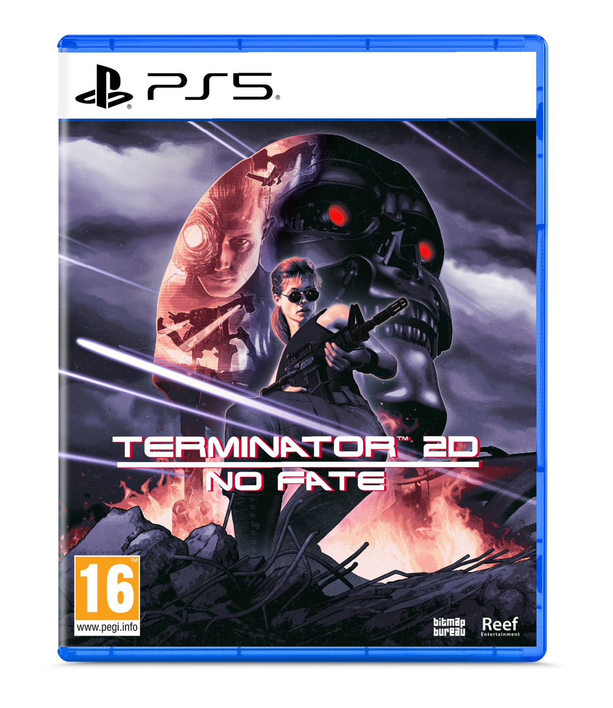 Okładka gry PS5 dla Terminator 2: No Fate, z czaszką i kobietą z bronią.