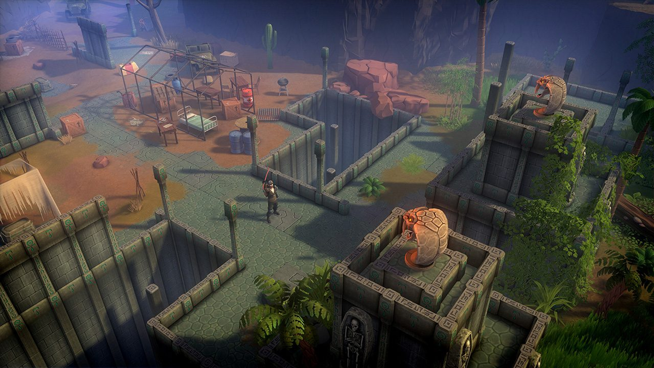 Vista superior de una escena de juego con ruinas, dos figuras y estructuras de serpientes.