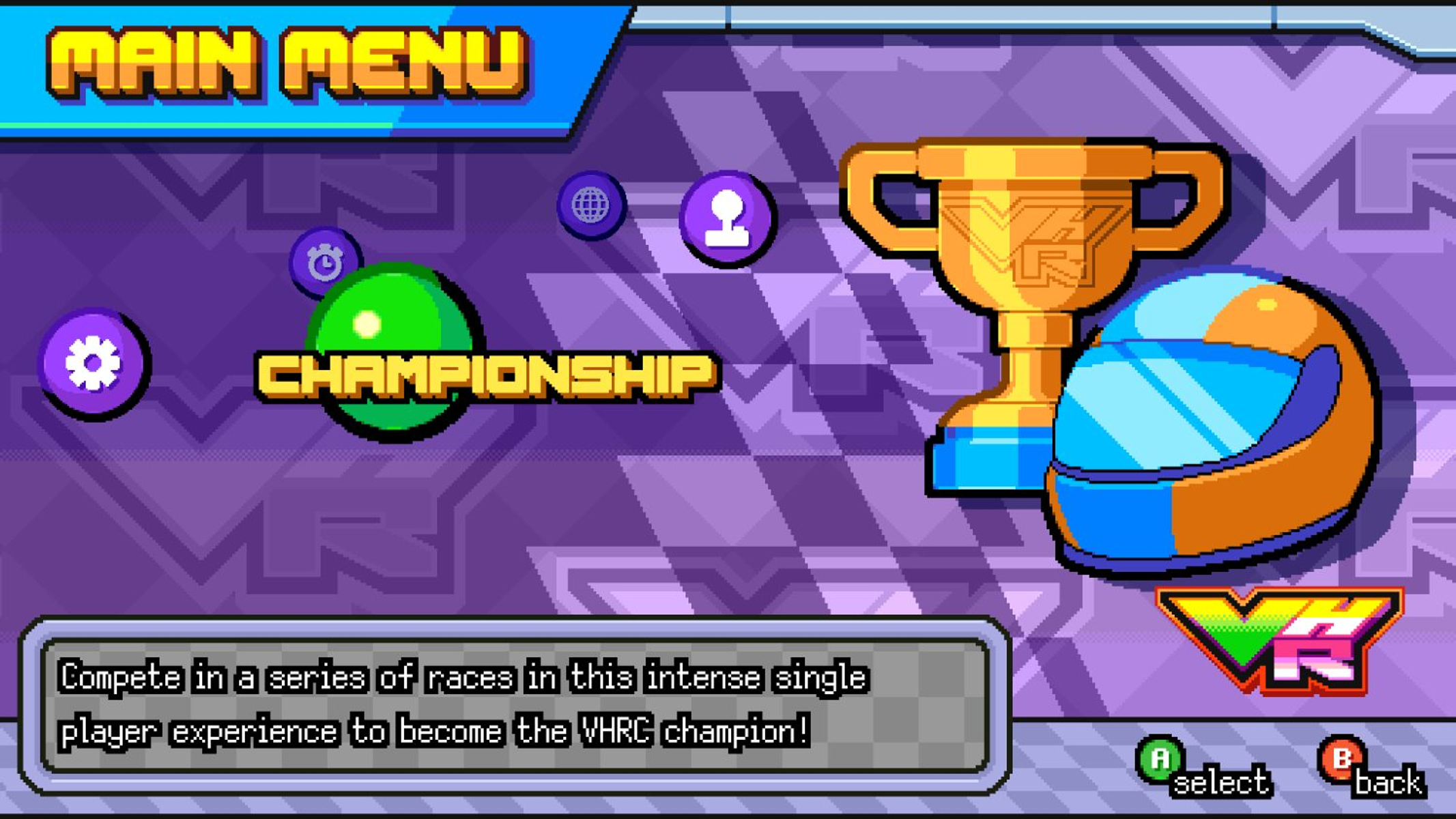Interfaccia di gioco con un menu principale. Campionato evidenziato, trofeo e casco a destra.