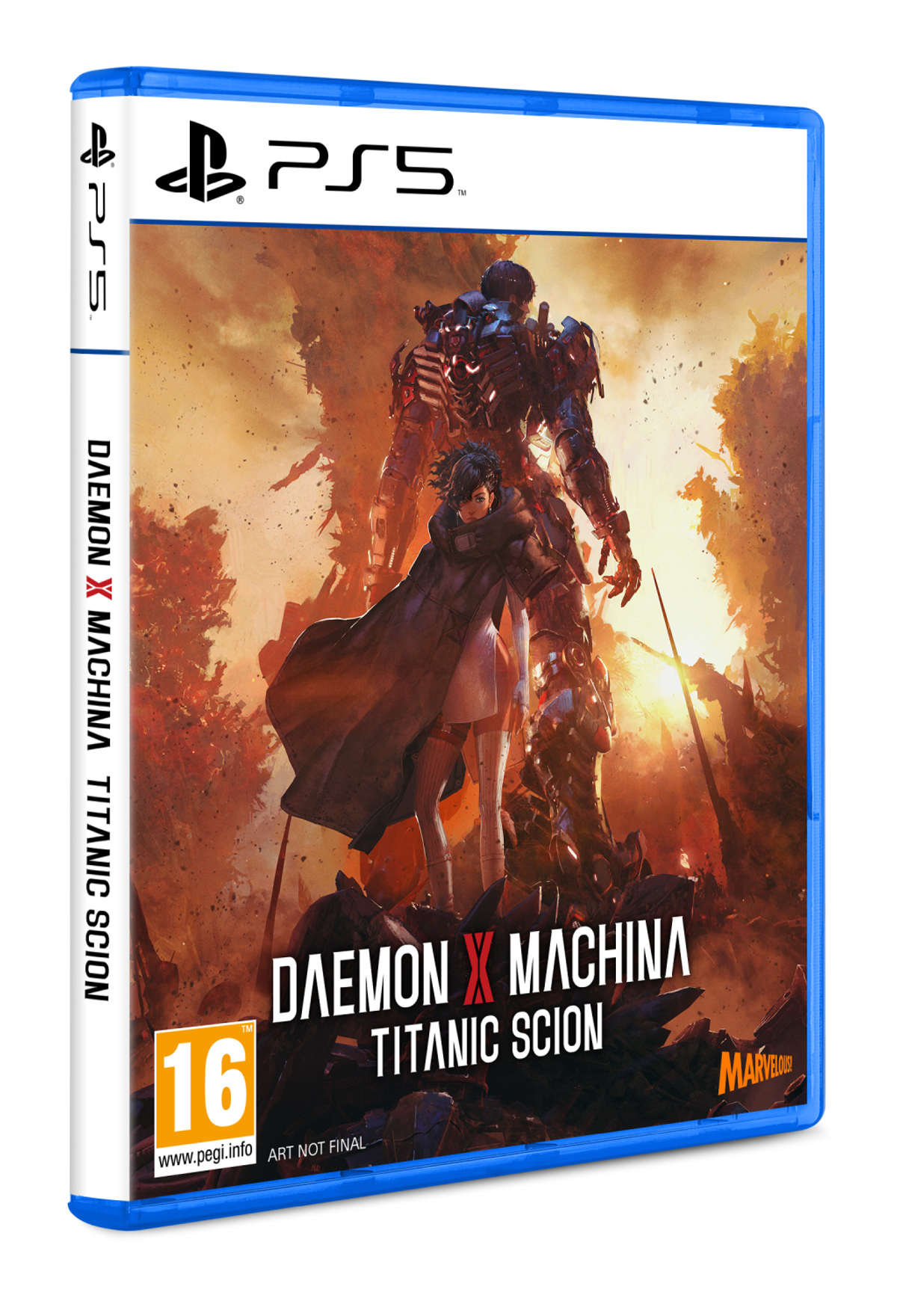 Pudełko gry PS5 dla 'Daemon X Machina: Titanic Scion', z grafiką mechów i postaci.