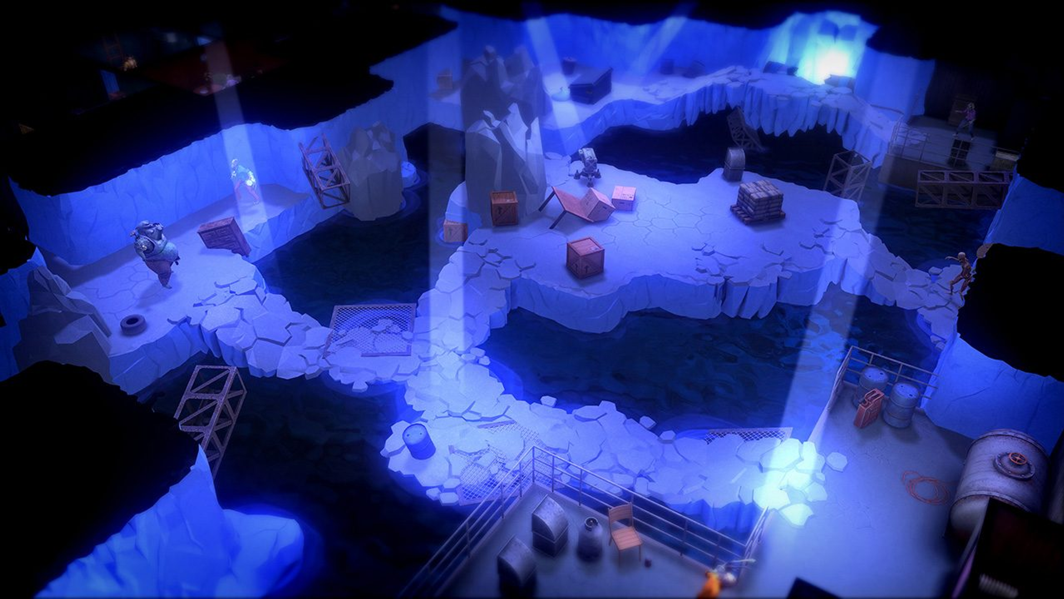 Vista isométrica de una escena de juego con estructuras de hielo y personajes.
