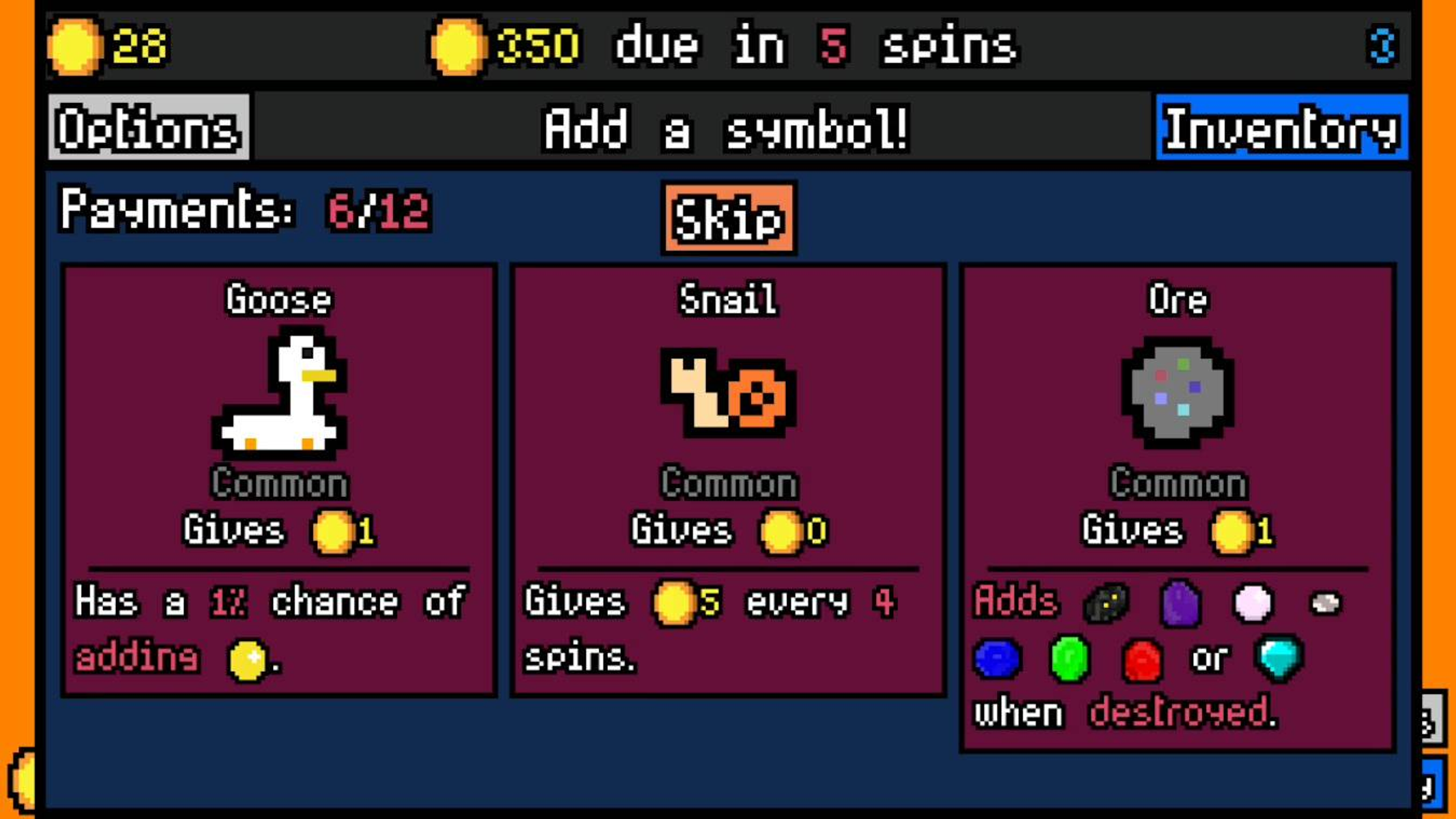 Un'interfaccia di gioco pixelata. Vengono mostrate opzioni, inventario e dettagli di pagamento. Tre simboli: Oca, Lumaca e Minerale.