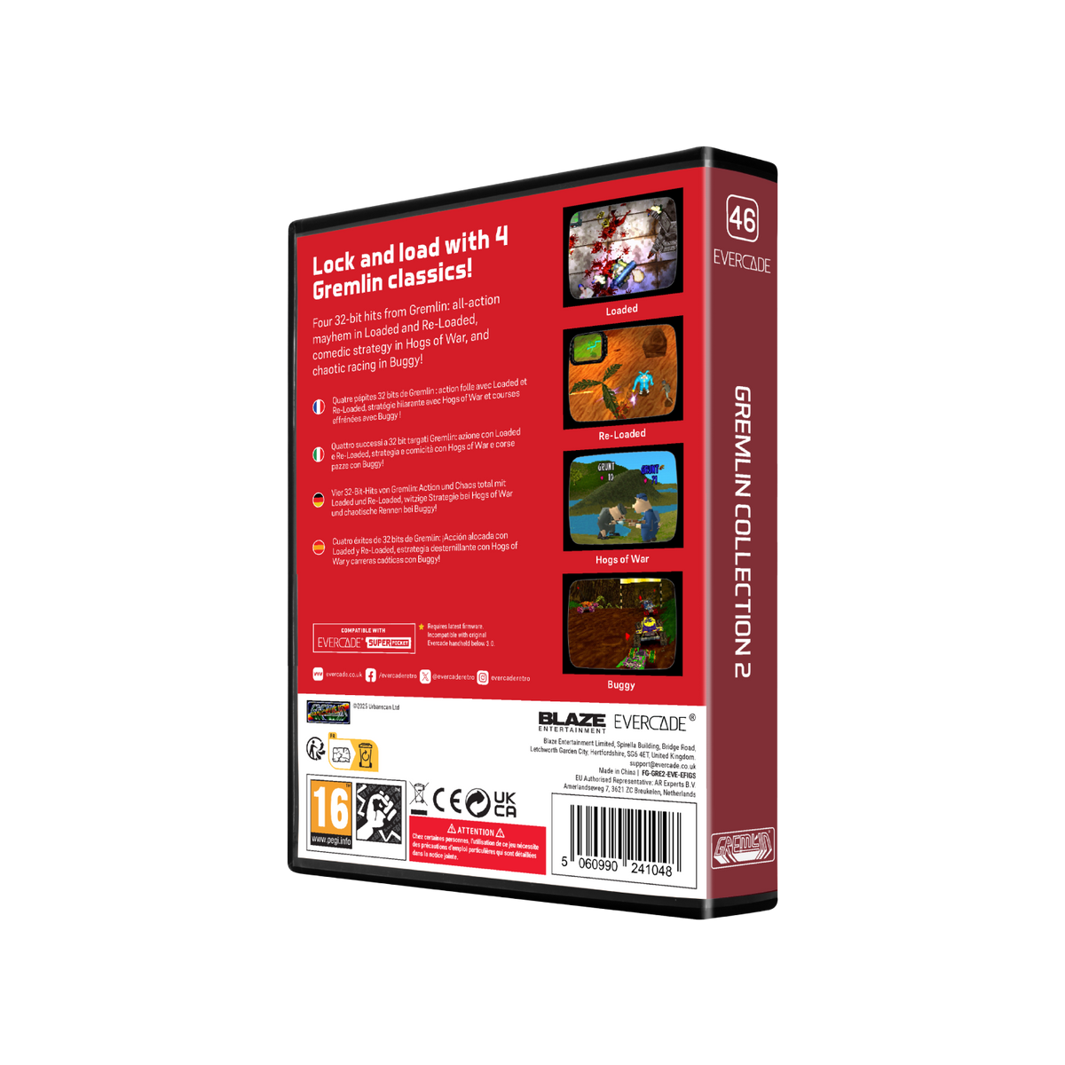 Tył pudełka z grą. Grafika z trzech gier. Tekst o grach i konsoli Evercade.