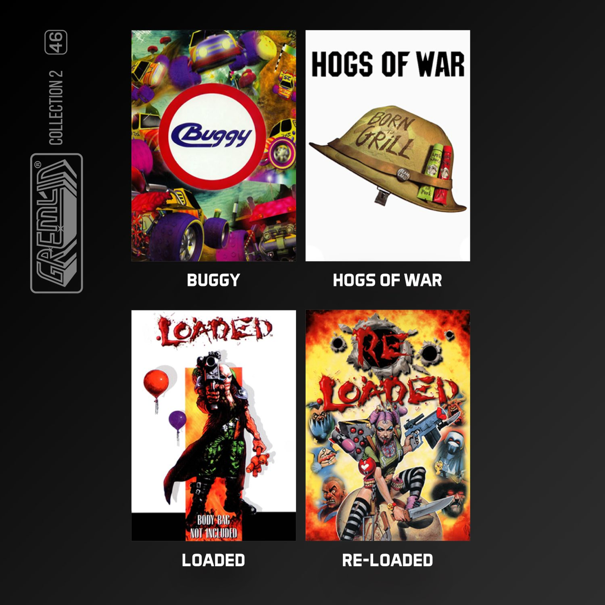 Cztery okładki gier: Buggy, Hogs of War, Loaded i Re-Loaded. Wszystkie w kwadratowym układzie.