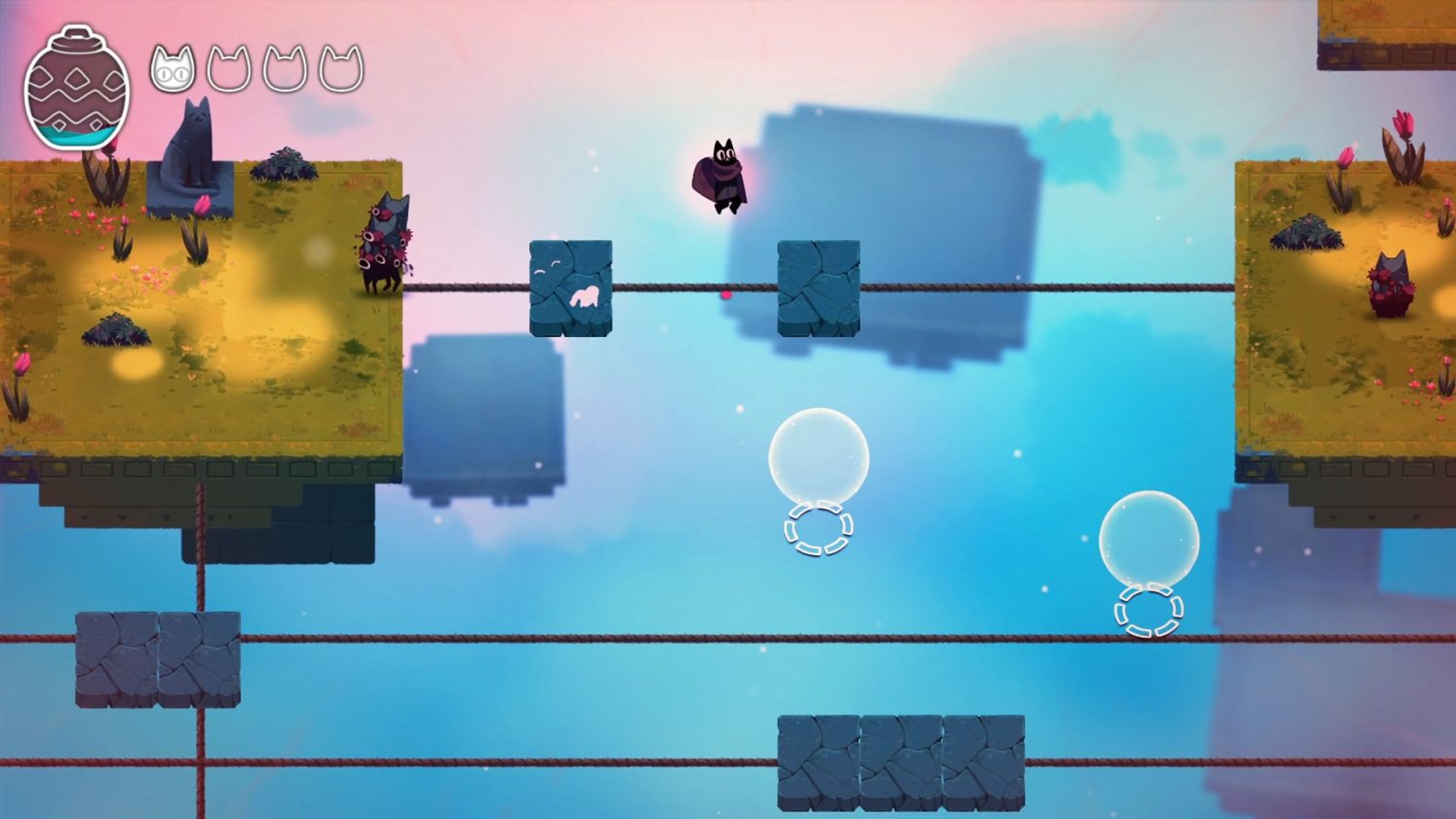 Scena di videogioco con piattaforme fluttuanti. Un personaggio con mantello nero salta. Altri personaggi presenti.