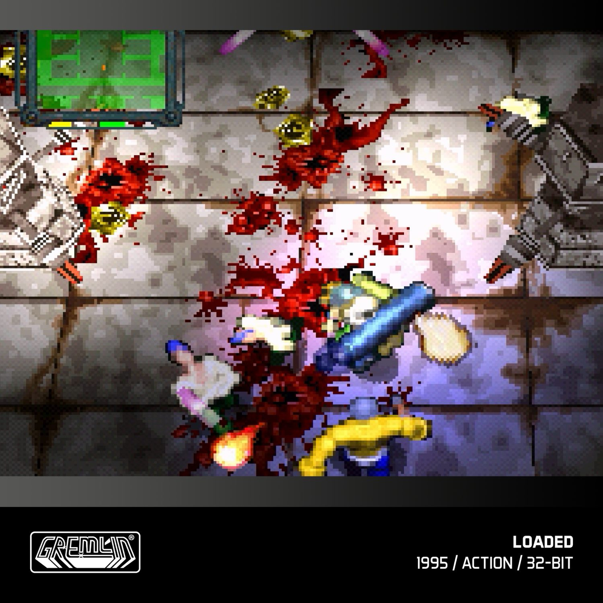 Widok z góry na pikselową scenę gry z krwią i postaciami.