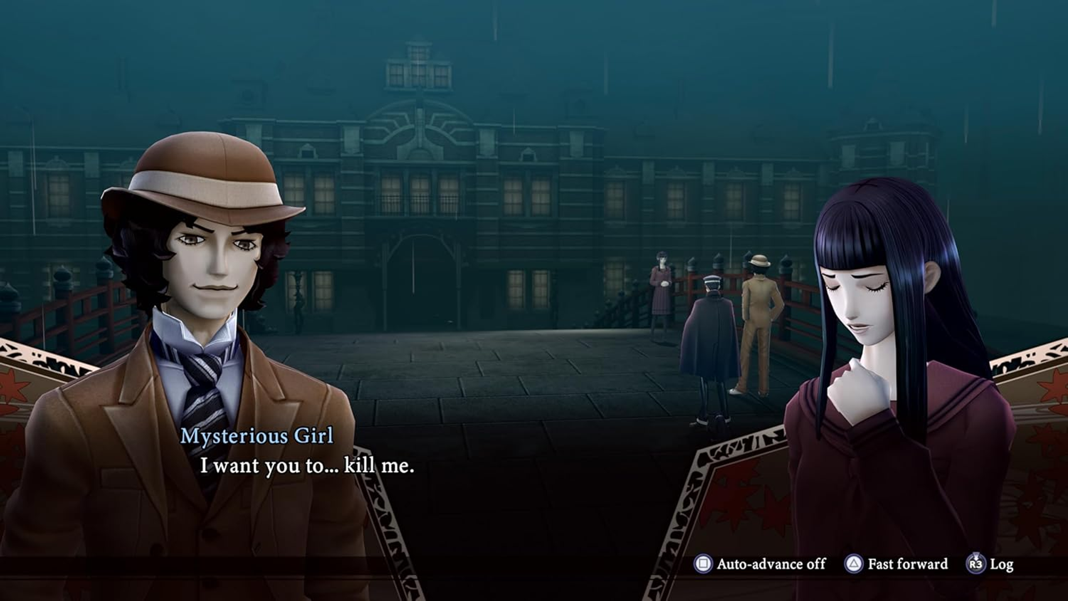 Escena del juego. Un hombre con traje marrón y una mujer con uniforme escolar hablando.