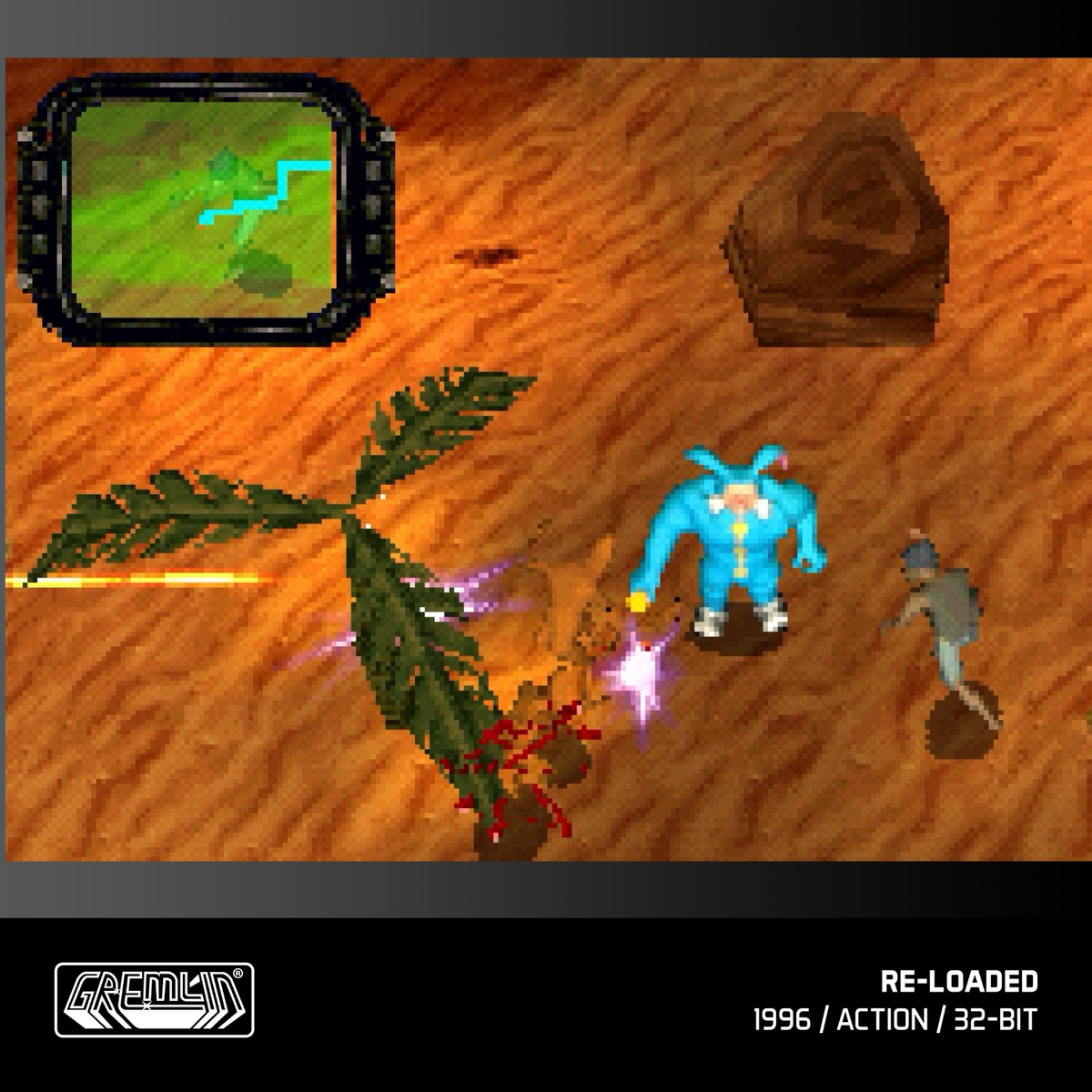 Spikselowany ekran gry z niebieską postacią, mapą i tekstem.