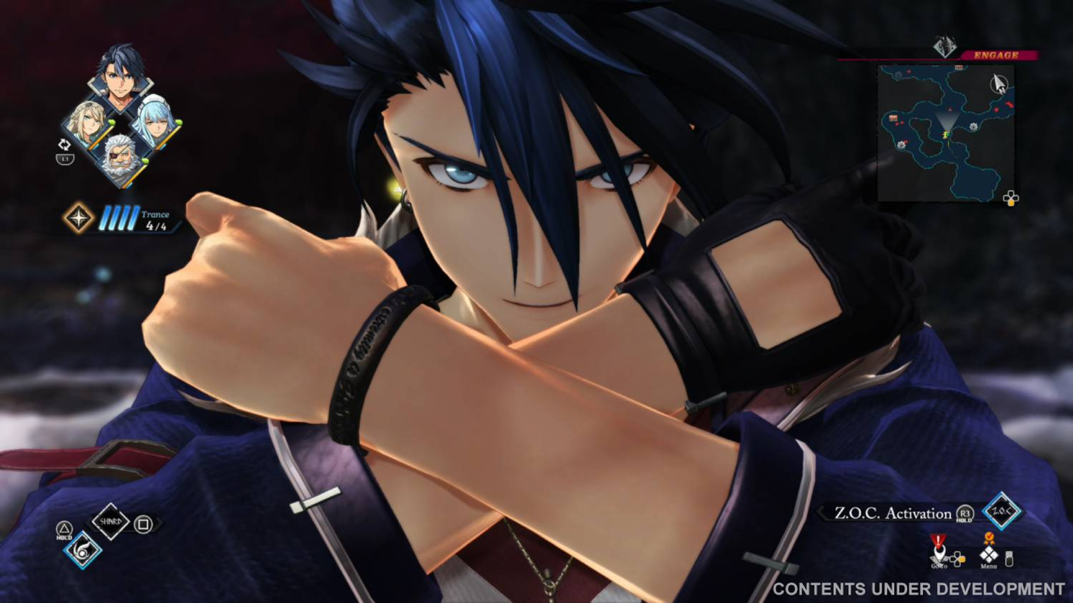 Personaje de anime con brazos cruzados, cabello azul y mirada intensa. UI del juego visible.