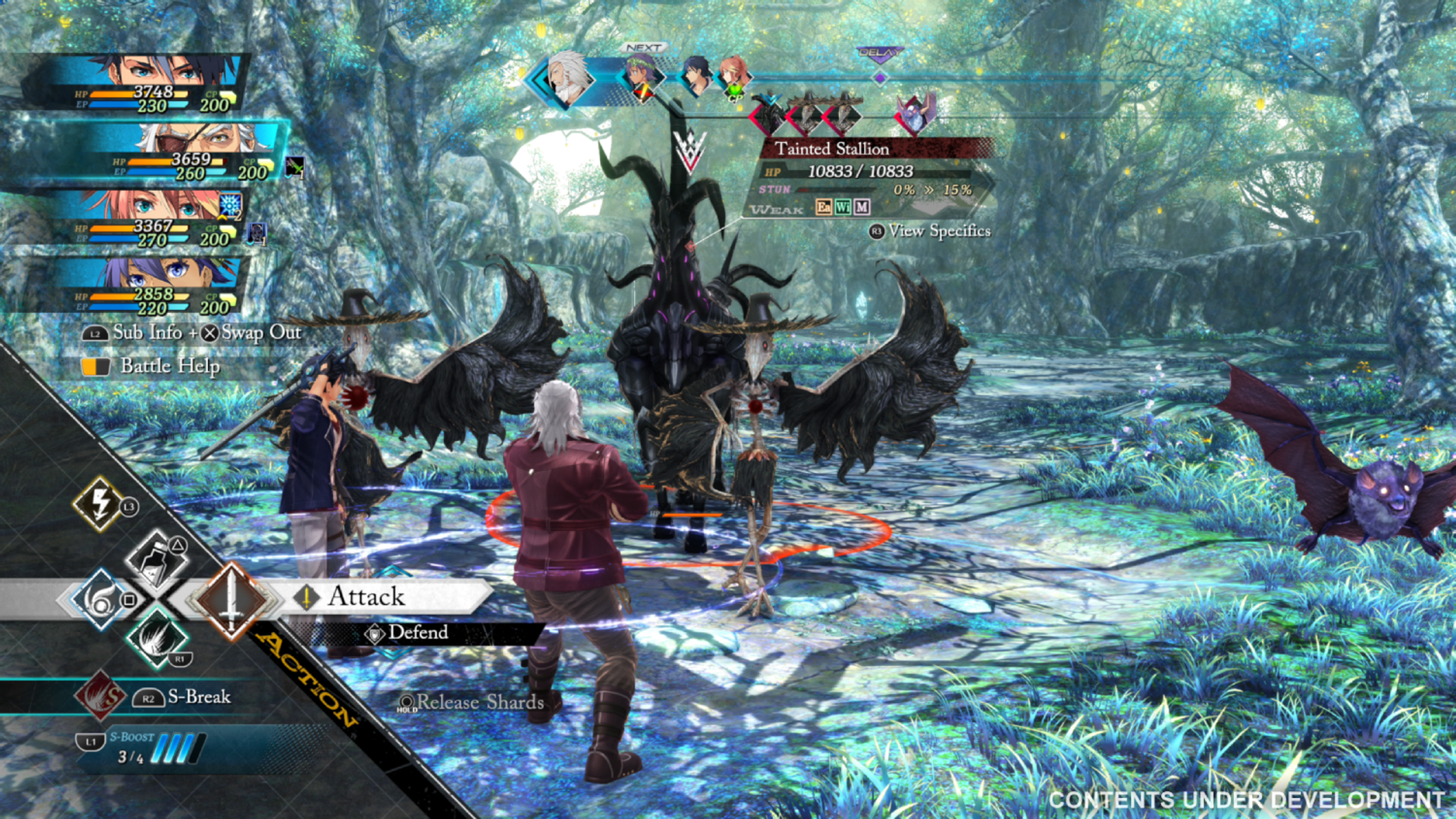 Escena de batalla de videojuego con personajes luchando contra un monstruo en un bosque.