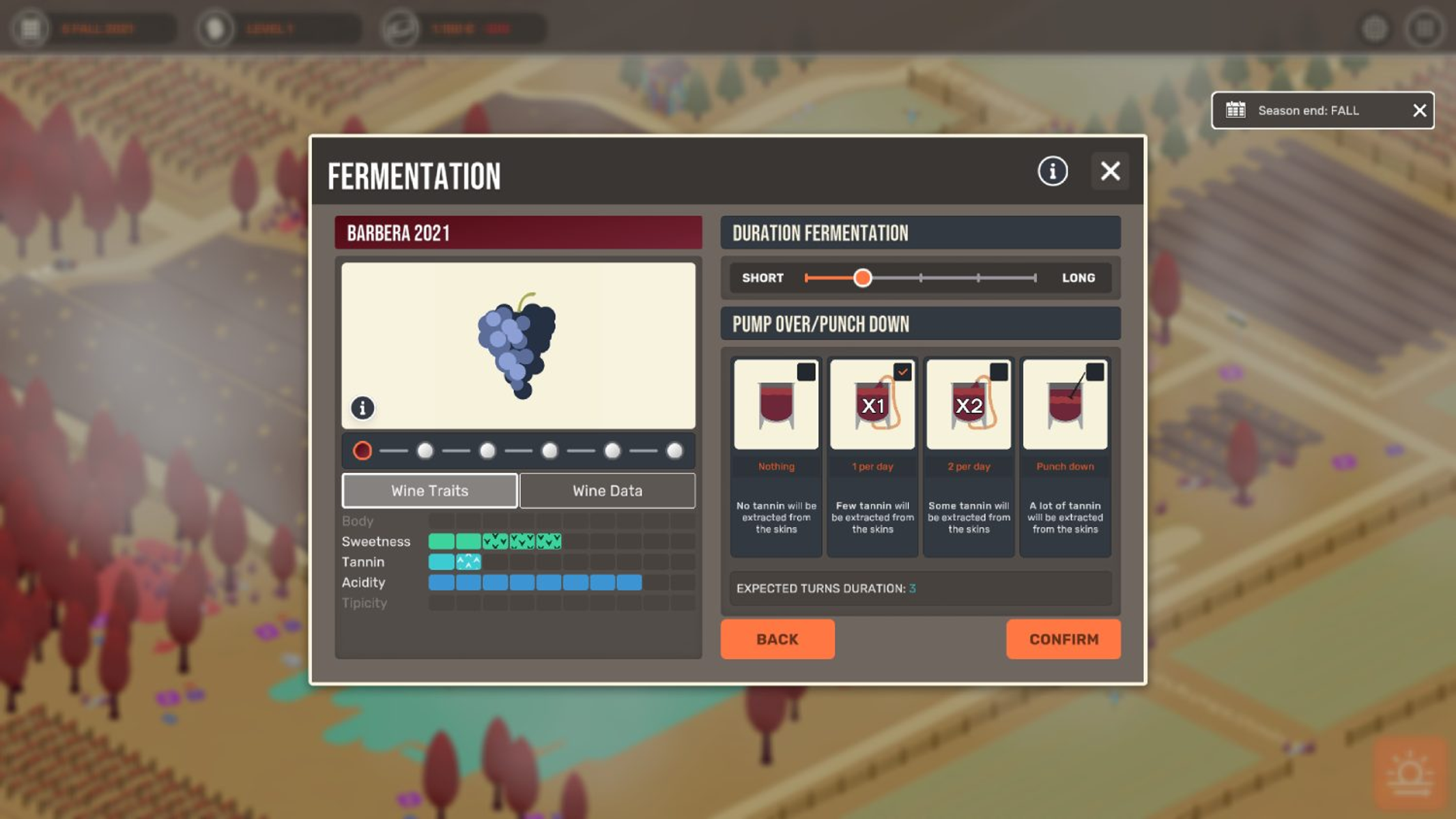 Interfaccia di gioco per la vinificazione. Mostra le opzioni di fermentazione, inclusi tipo di uva e caratteristiche del vino.