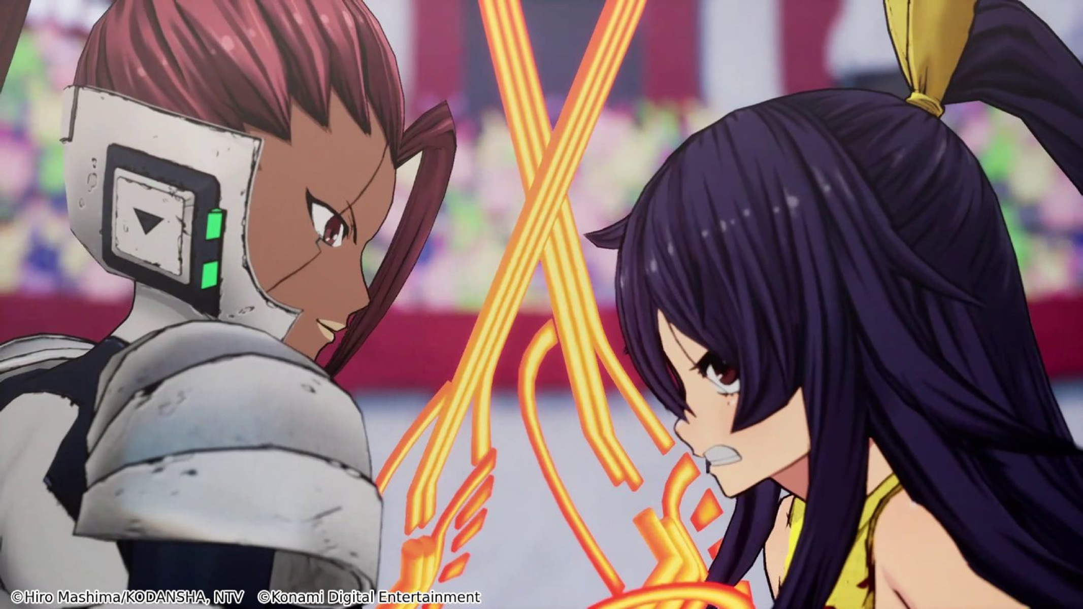 Dwie postacie z anime naprzeciwko siebie, z efektami energetycznymi pomiędzy nimi.