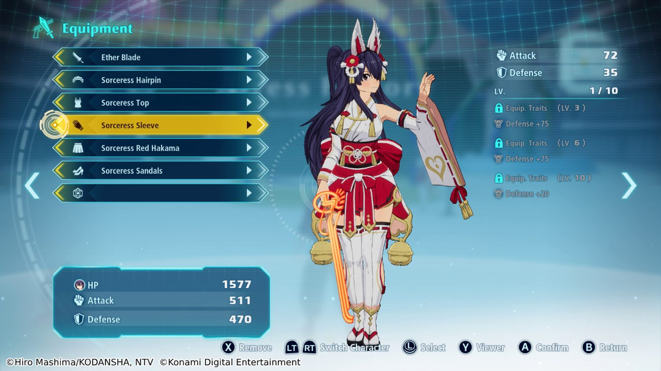 Kobieta w stylu anime w czerwono-białym stroju. Interfejs gry pokazuje ekwipunek i statystyki.