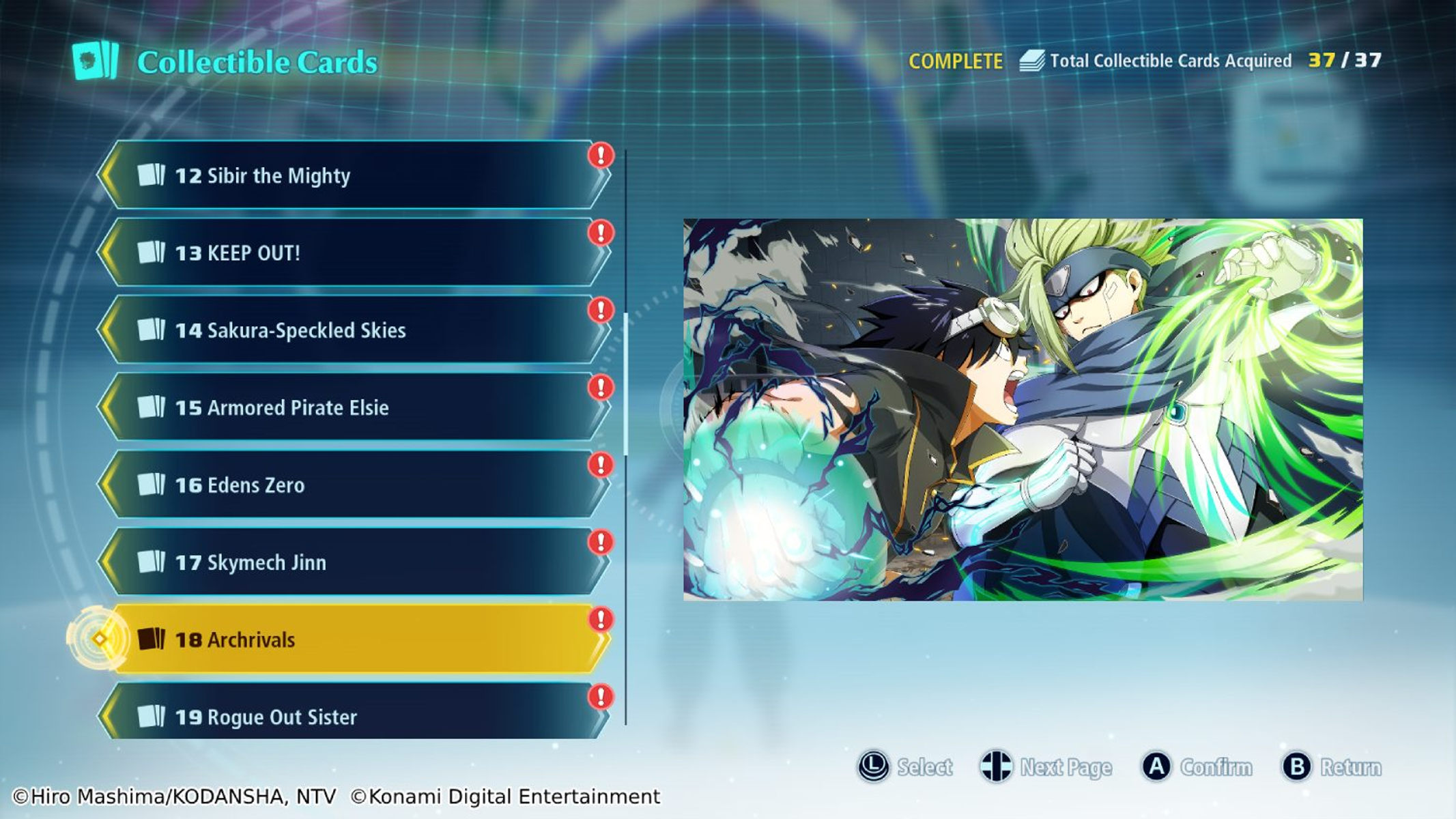 Interfejs kart kolekcjonerskich z tekstem i ilustracjami. Niebieskie tło.