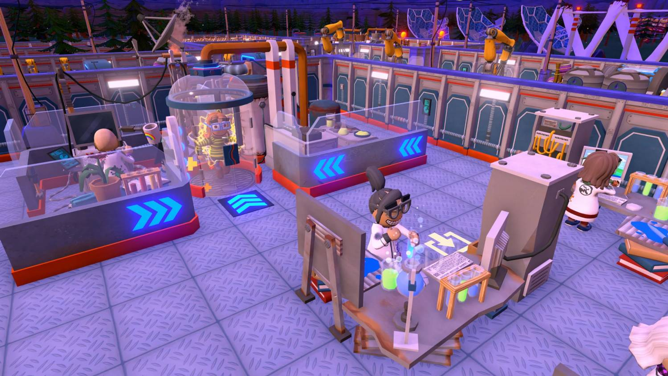 Escena interior de un laboratorio con científicos. Se ven varios equipos y pantallas, con un cielo nocturno afuera.