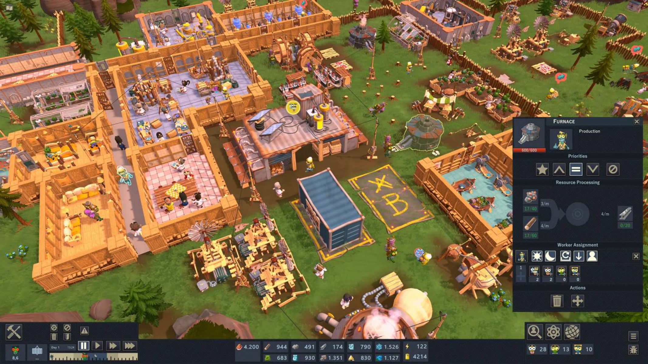 Captura de pantalla de videojuego. Escena de ciudad con edificios y personajes en un juego de simulación.