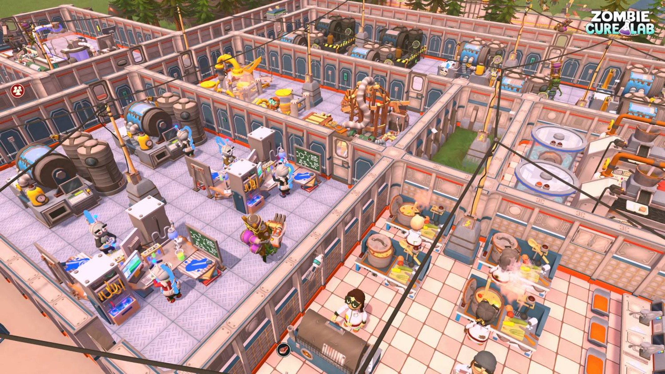 Vista isometrica di un interno di laboratorio con più stanze, macchinari e personaggi.