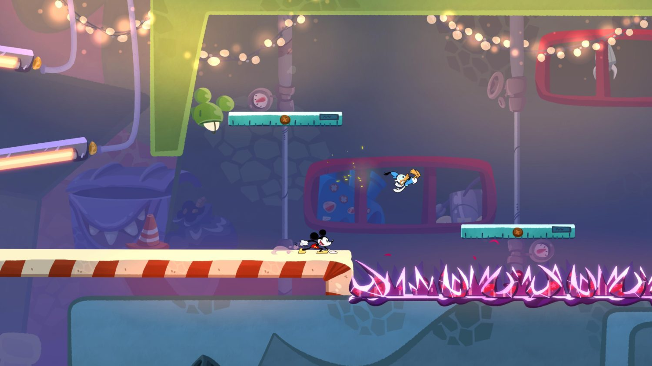 Escena de dibujos animados con Mickey Mouse corriendo, Pato Donald volando y elementos de plataforma.