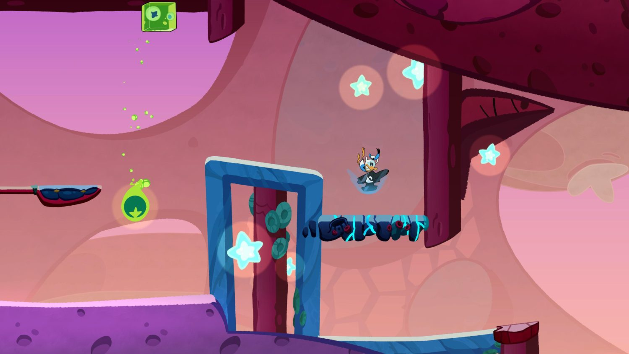 Una escena de dibujos animados con un personaje en una plataforma, estrellas y un cubo verde flotante.