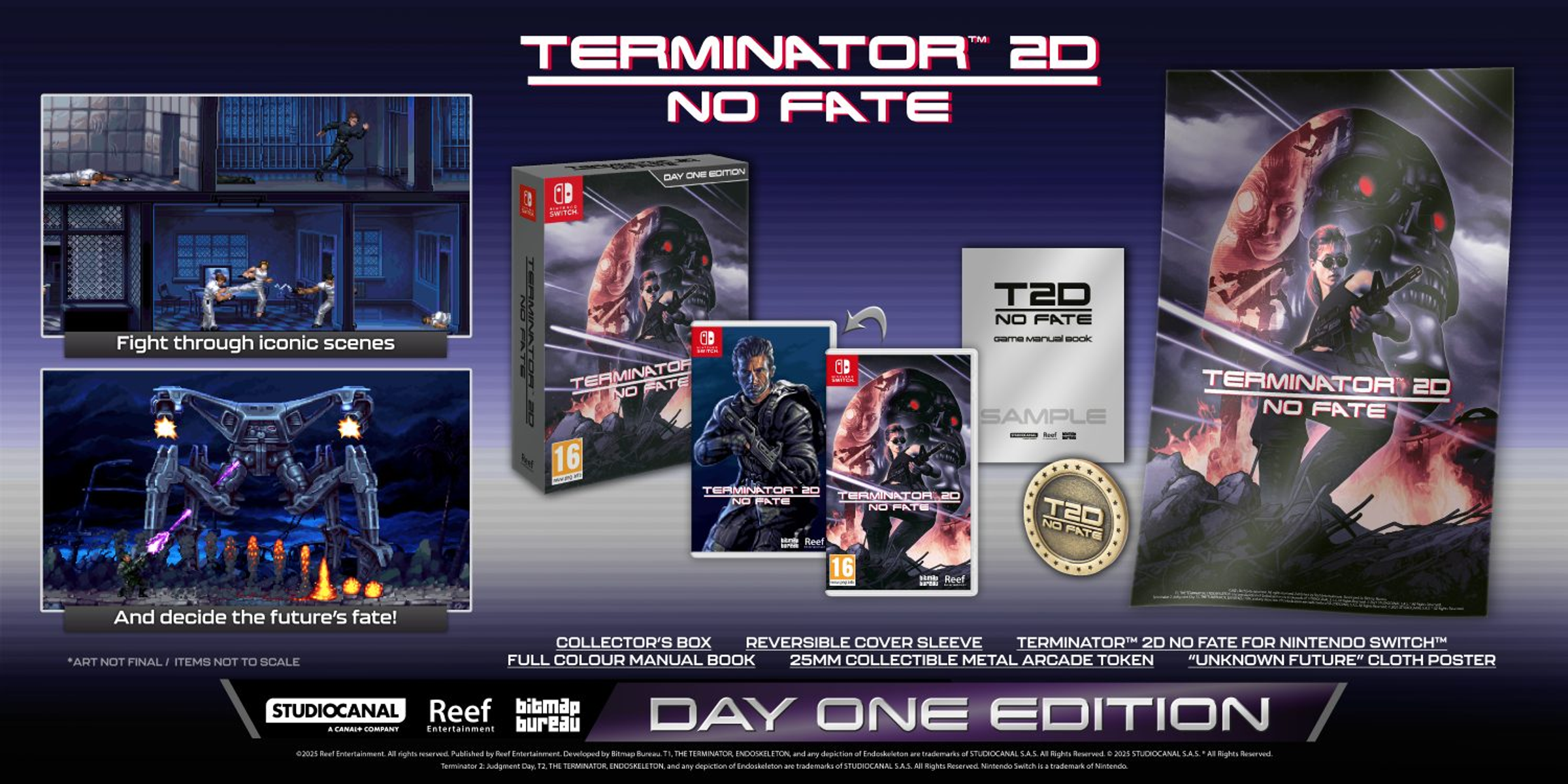 Materiały promocyjne gry Terminator 2D. Zawiera pudełko, kartridż i inne powiązane elementy.