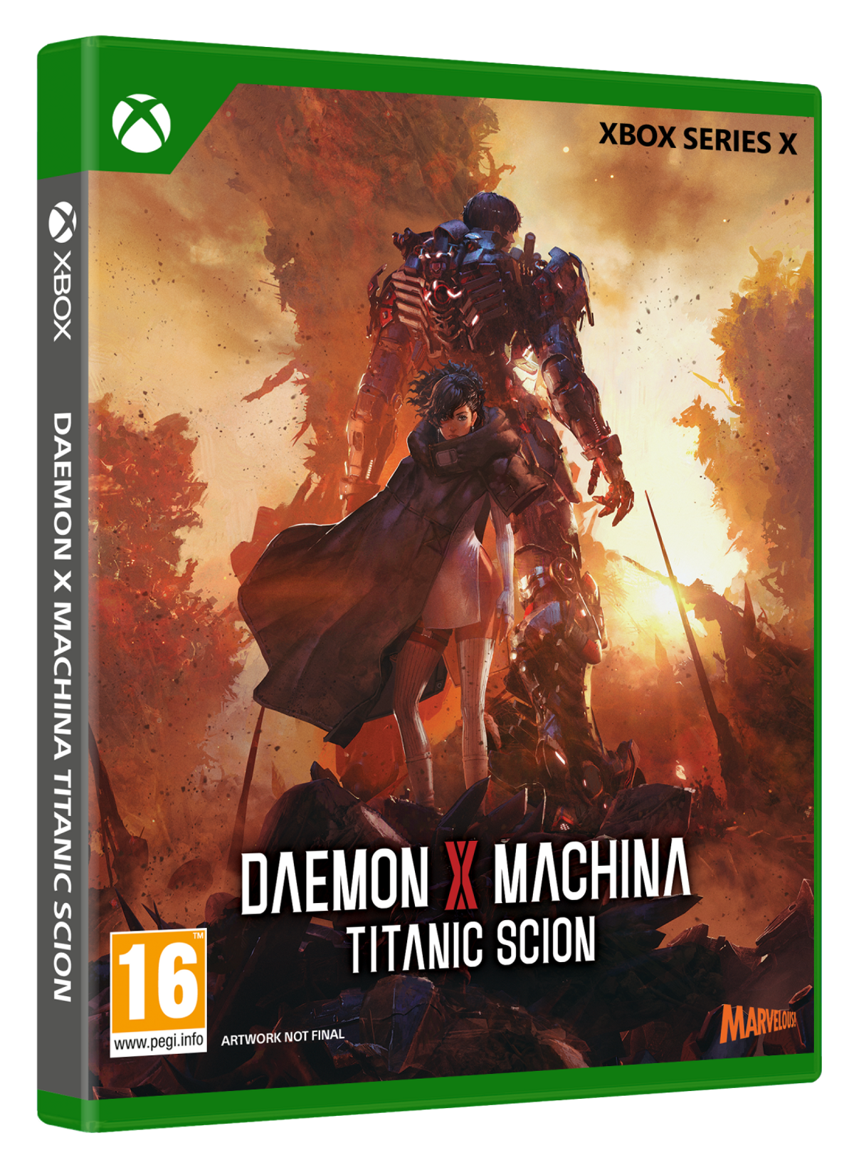 Grafika pudełka gry Daemon X Machina: Titanic Scion, z mechem i postacią w ognistym otoczeniu.