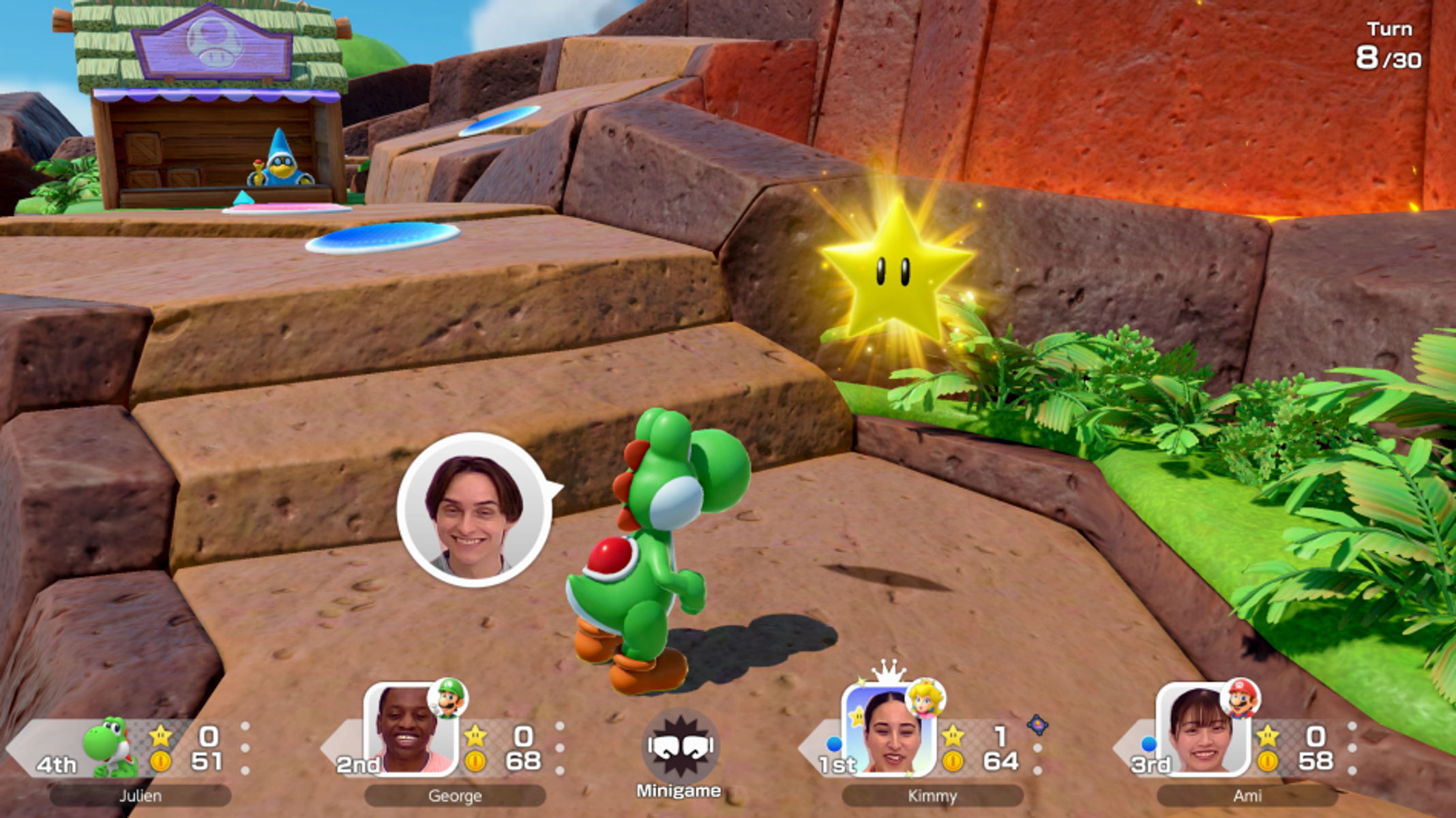 Yoshi w grze wideo, z twarzami graczy na ekranie, jasna gwiazda w tle.
