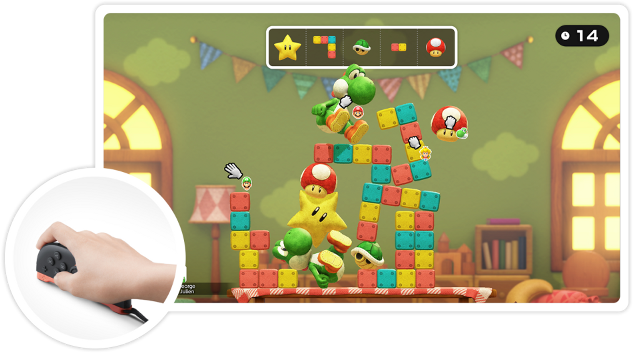 Interfejs gry Yoshi's Crafted World. Ręka trzyma kontroler do gier.