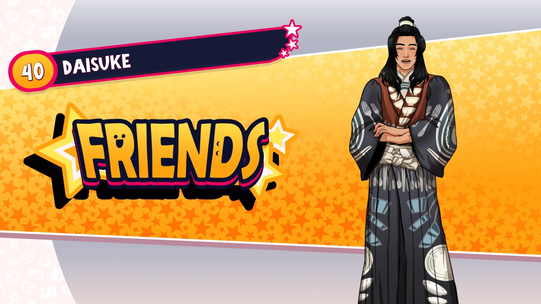 Un personaje estilo anime llamado Daisuke con un cuadro de texto, estrellas y la palabra 'FRIENDS!'