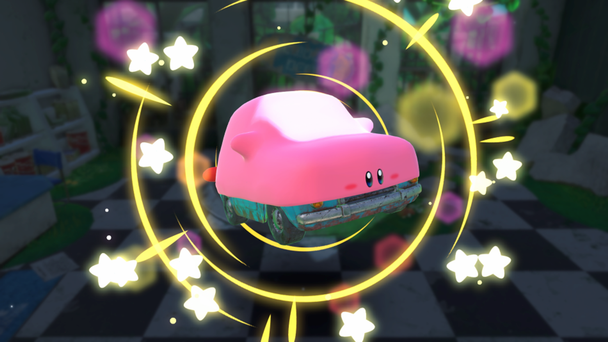 Różowy samochód Kirby z żółtym wirkiem. Kirby w kształcie samochodu z gwiazdami i sklepem w tle.