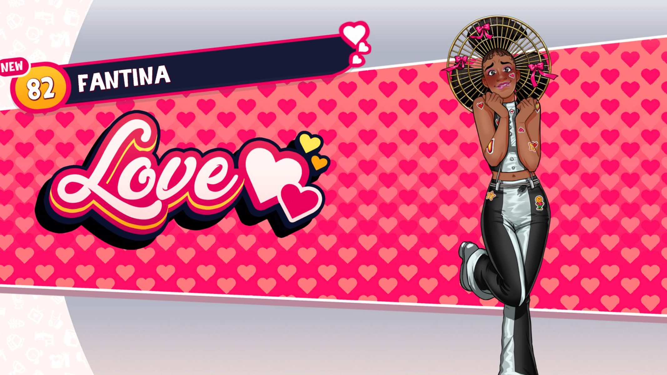 Personaje de anime: mujer con abanico y corazones, con la palabra 'Amor' y un logo de corazón.