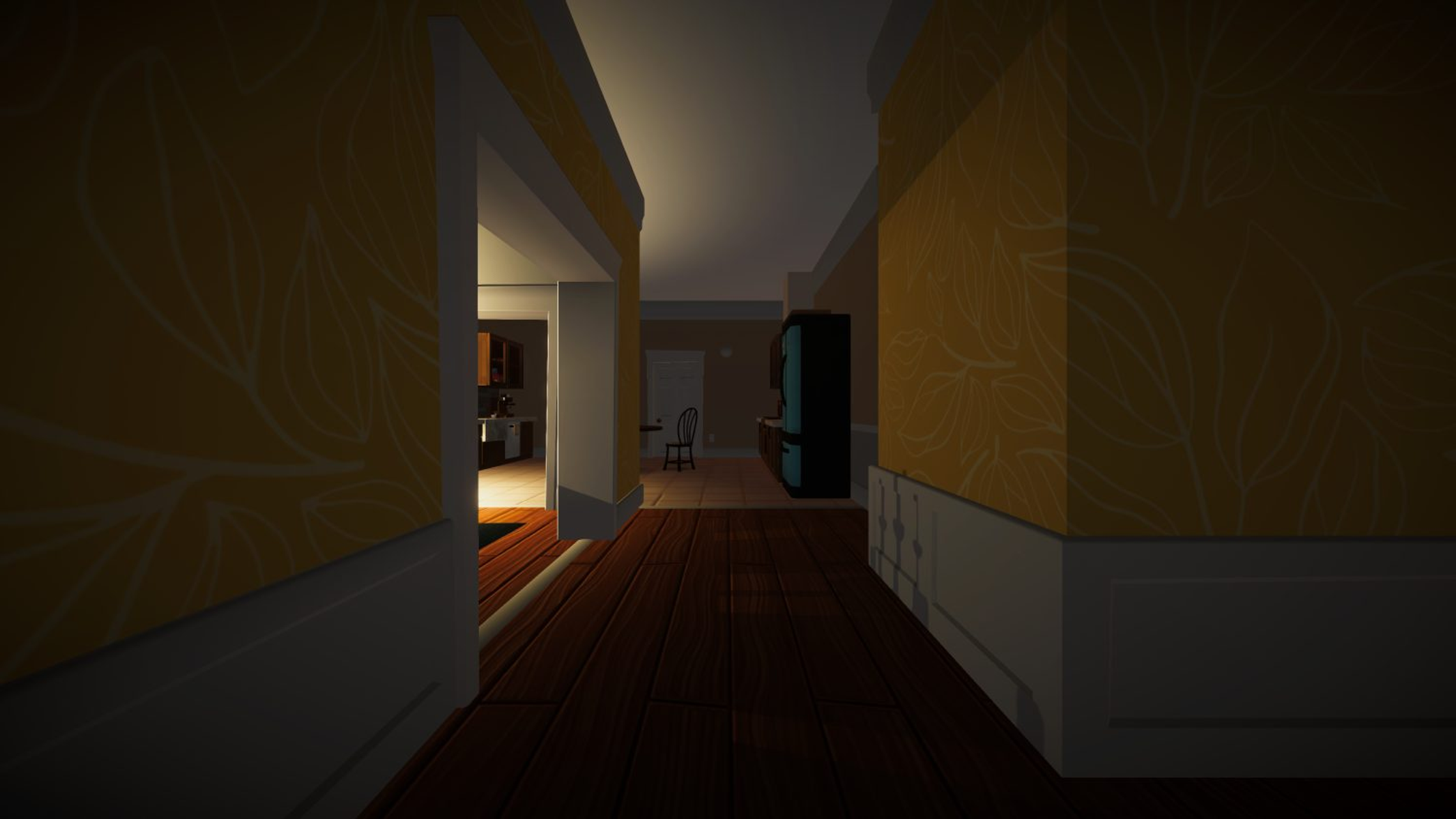 Vista de pasillo en perspectiva con papel pintado floral amarillo, suelo de madera y vista a una cocina.