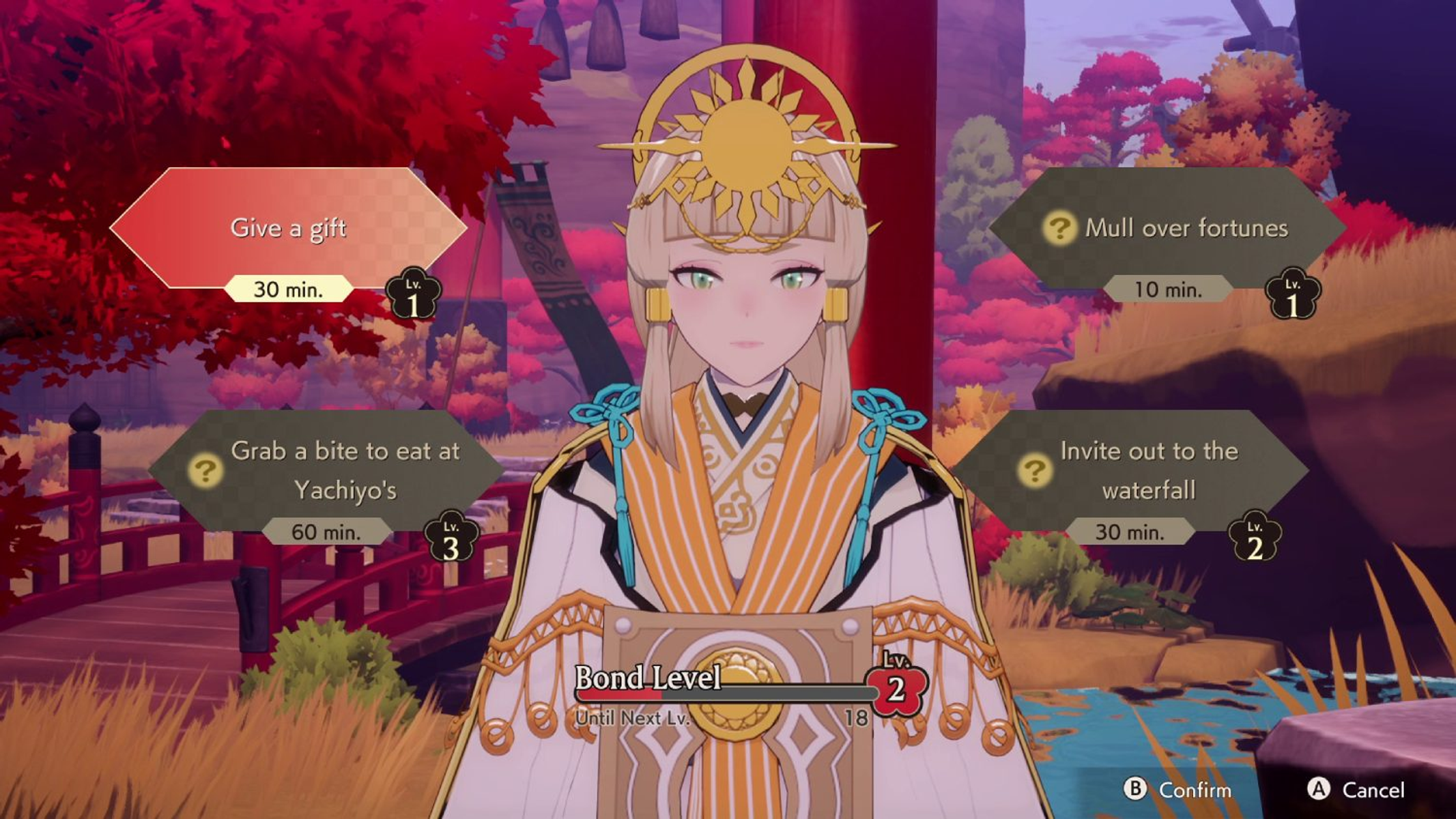 Postać w stylu anime z opcjami menu: Daj prezent, Rozważ fortuny i Zaproś do wodospadu.
