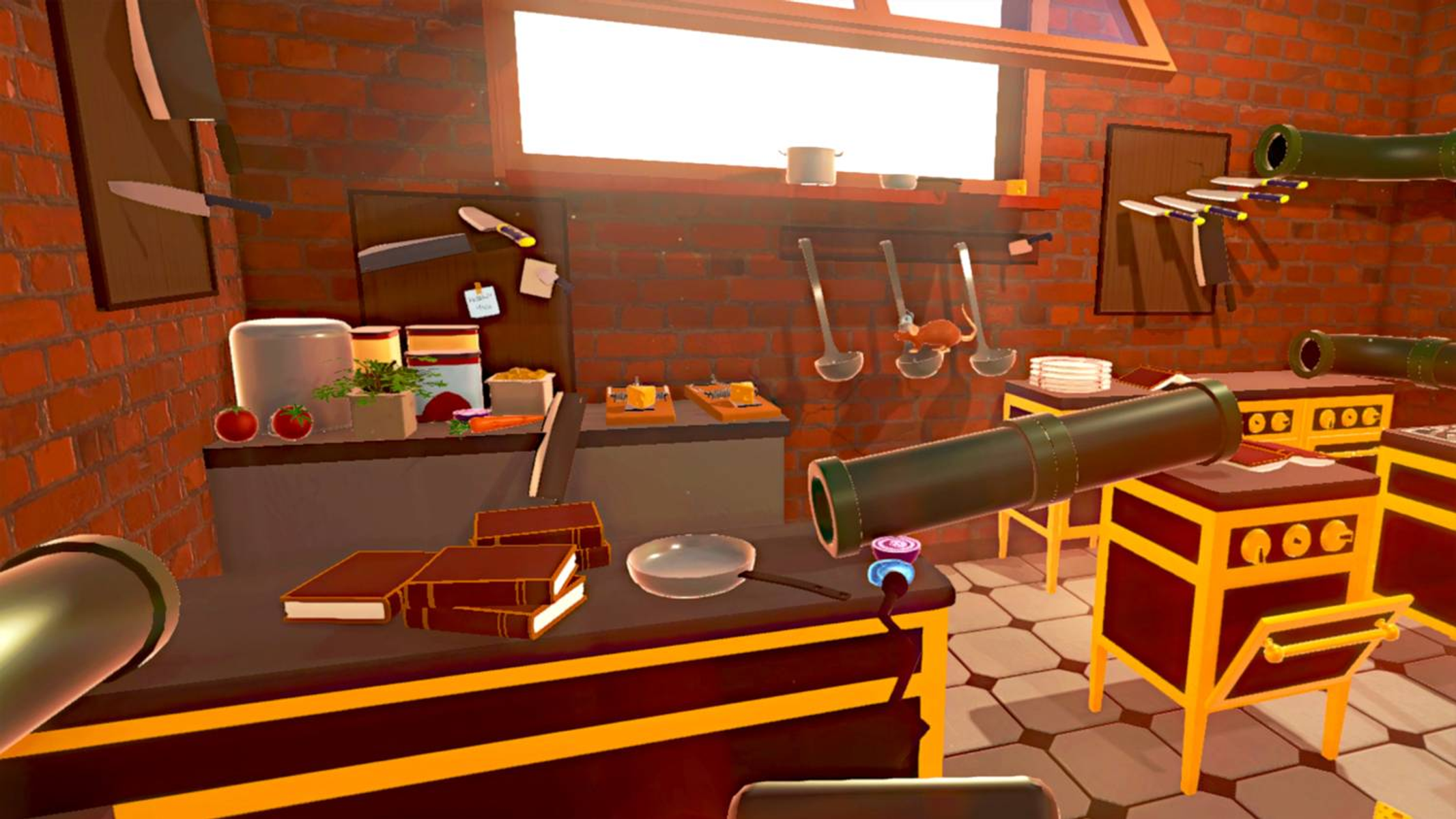 Una escena de cocina con varios utensilios de cocina en la encimera, incluyendo ollas, sartenes e ingredientes.