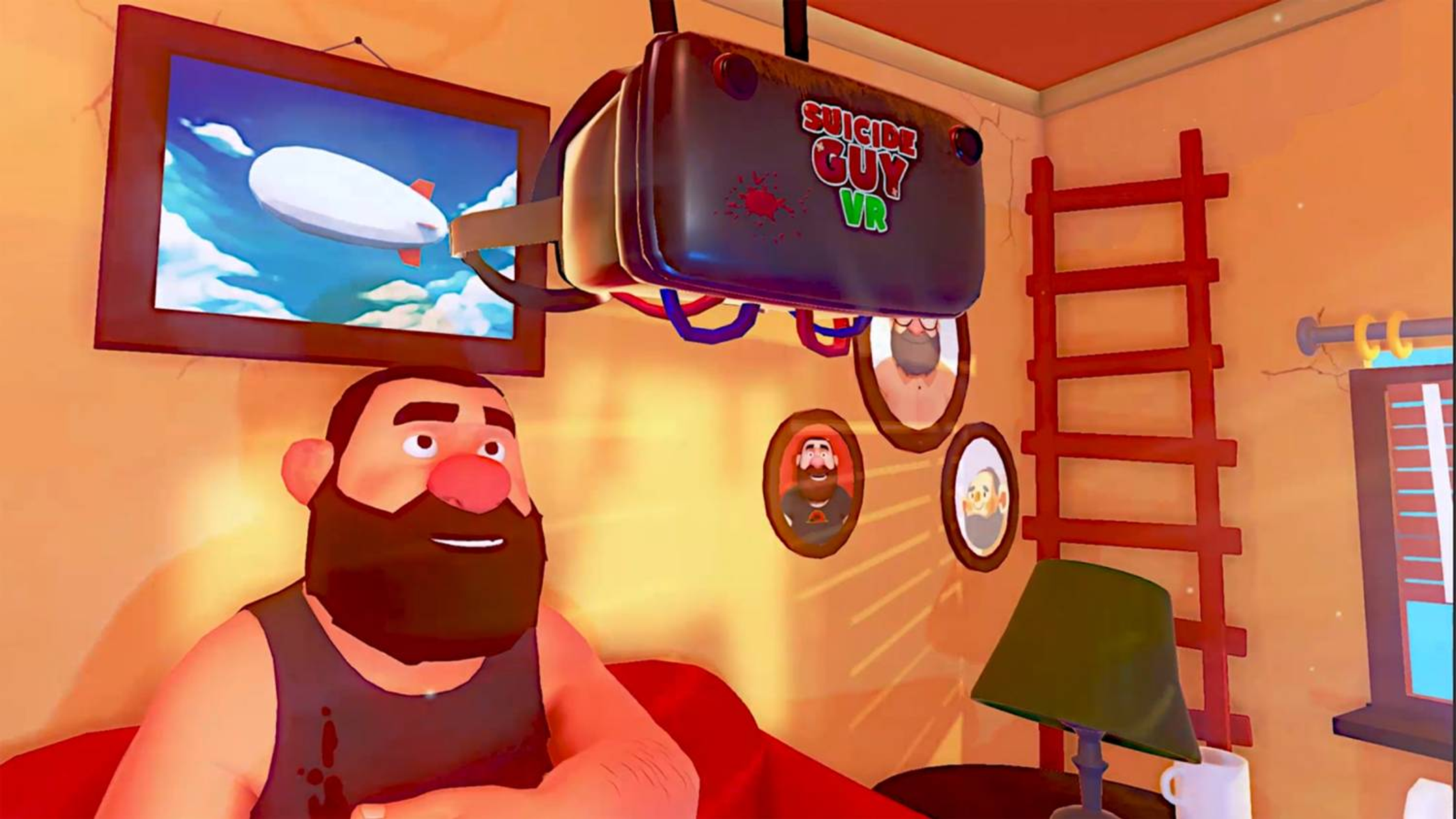 Escena de dibujos animados: Un hombre con un visor de realidad virtual sentado en un sofá. Imagen enmarcada con zeppelin.