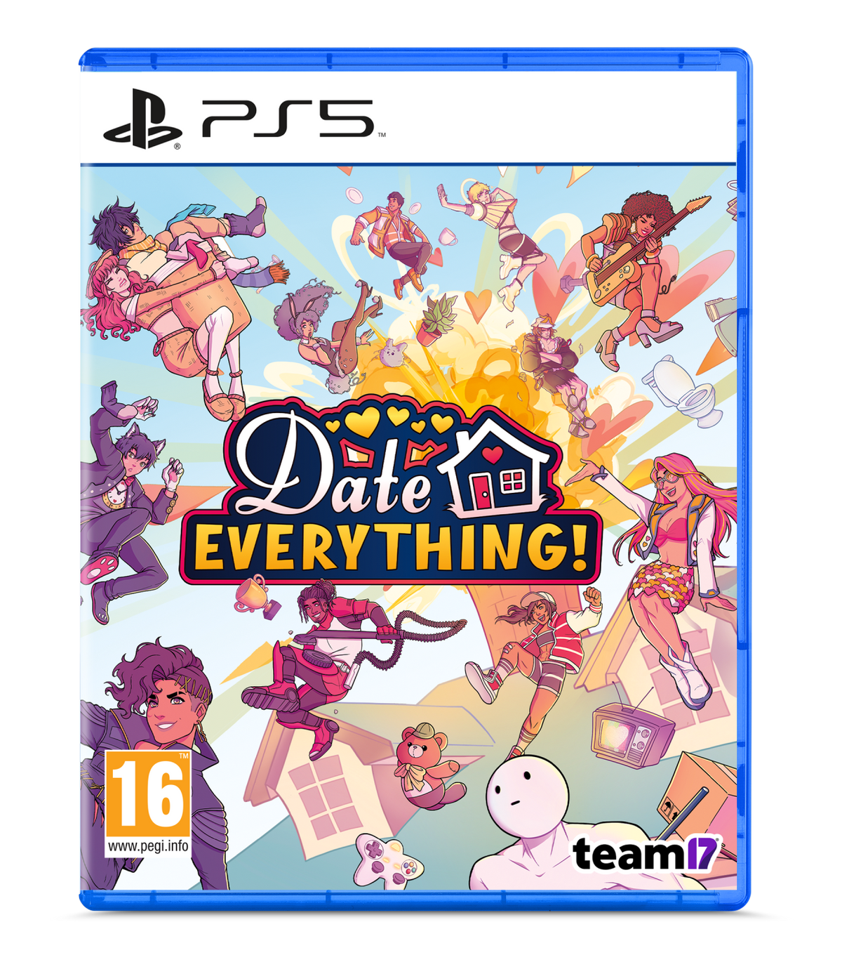 Portada del juego: 'Date Everything' con personajes coloridos y logo, logo de PS5.