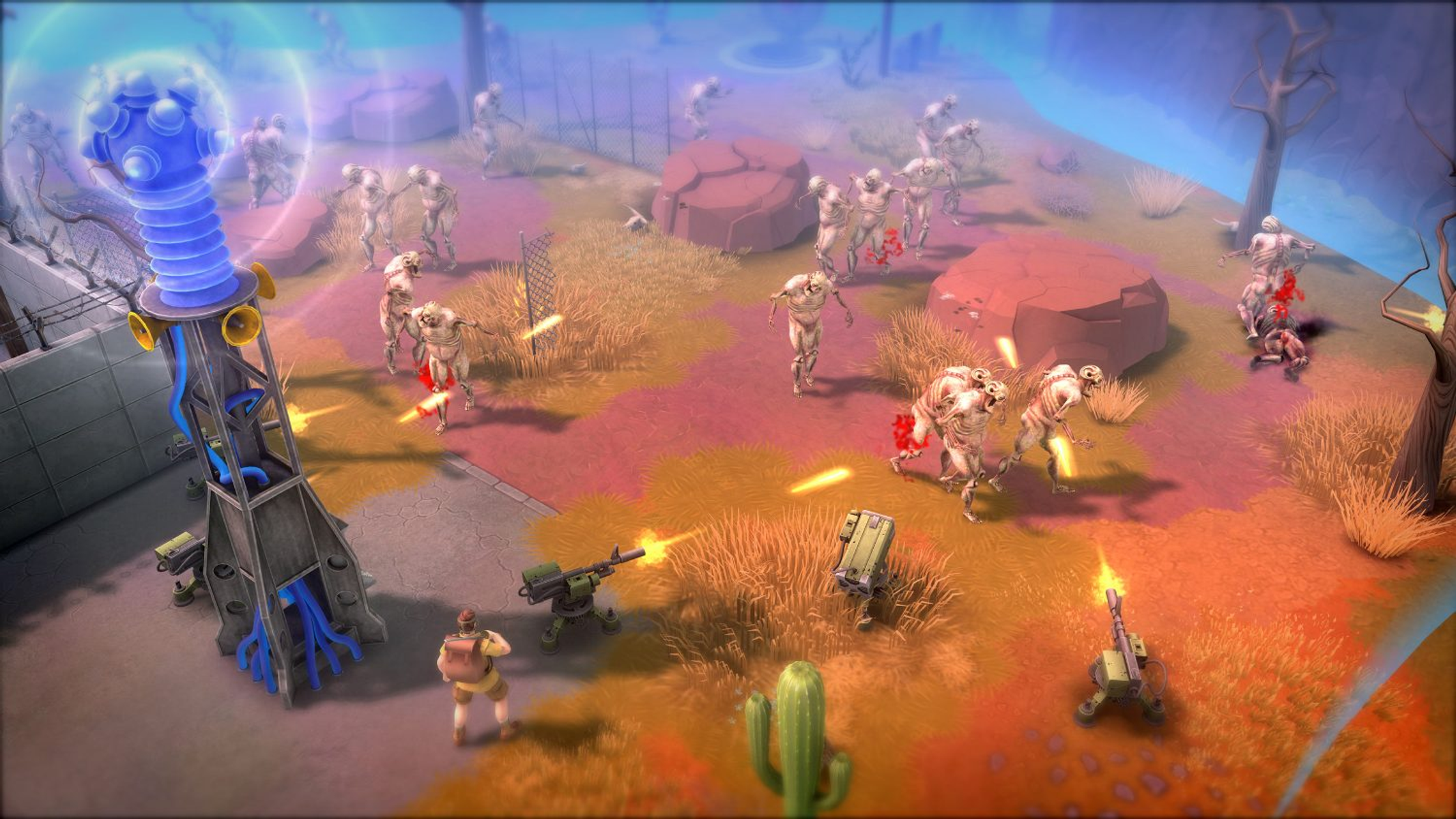 Escena de juego: zombis atacando una base con una torre y un soldado.