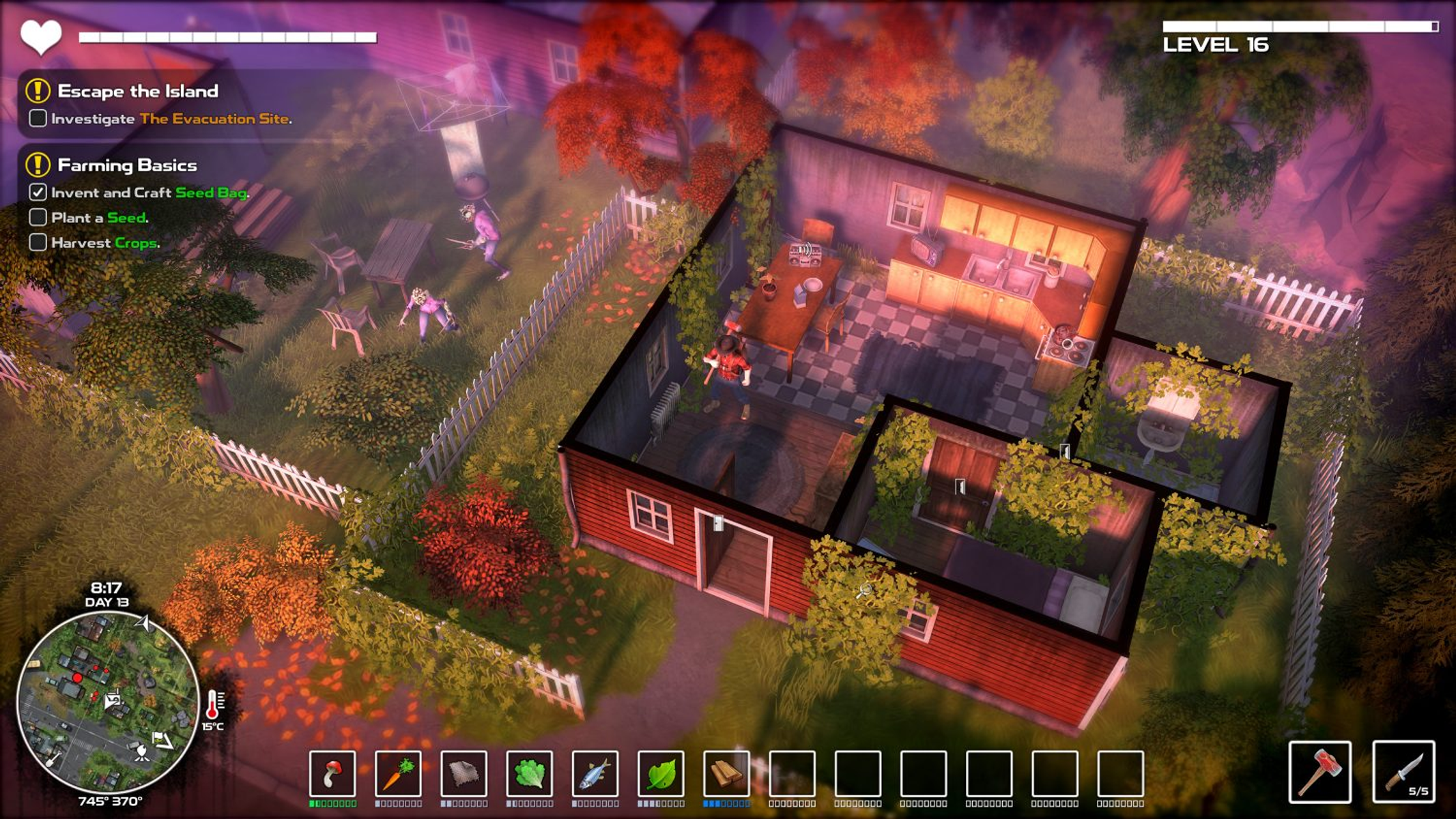 Vista cenital de una escena de juego con interior de casa, personajes y detalles.