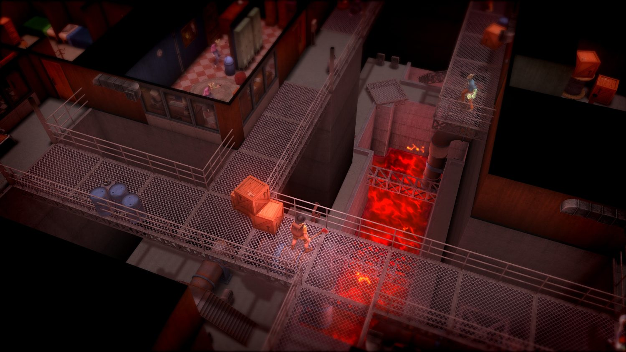 Vista isométrica de un nivel de videojuego con personajes, pasarelas y un pozo de lava.