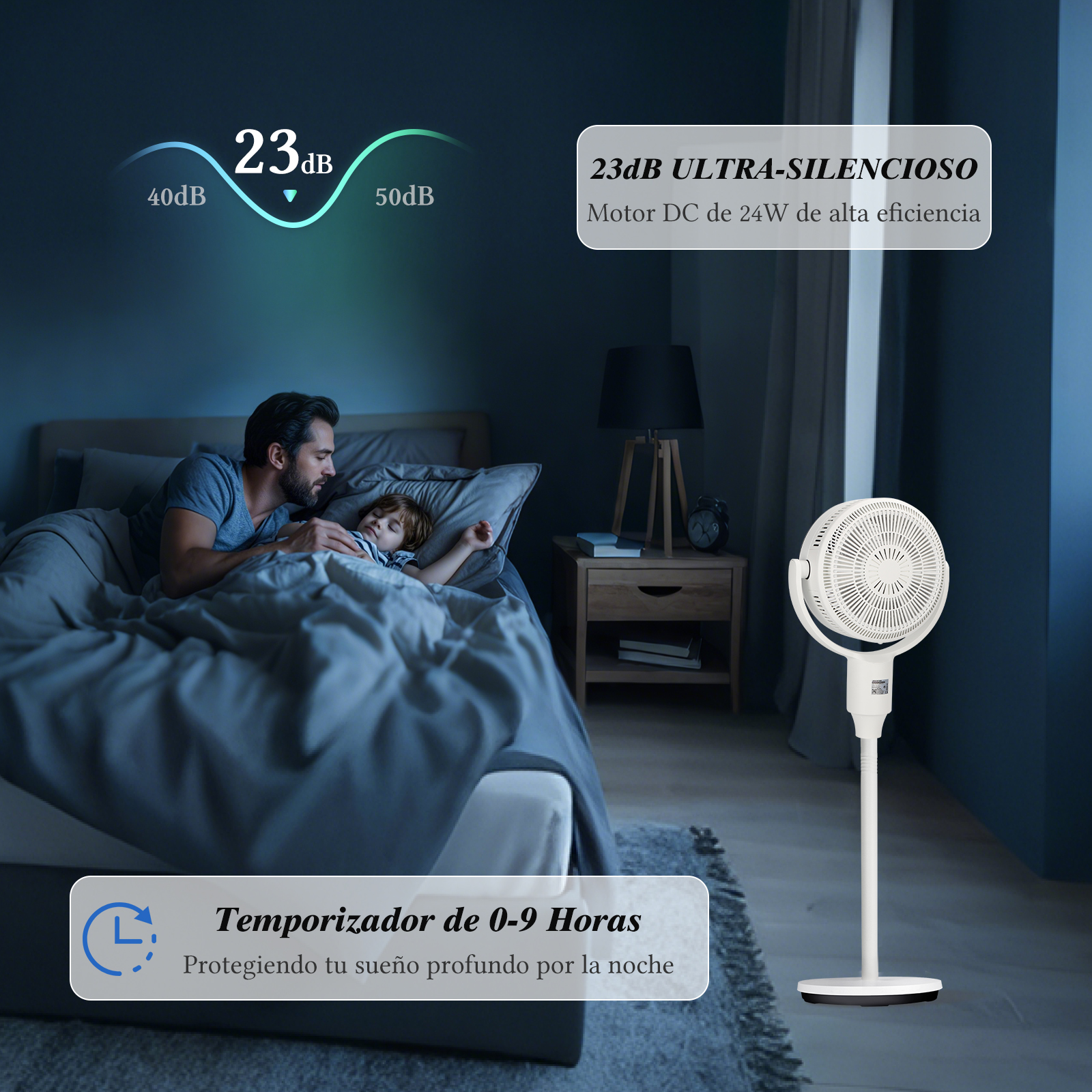 Un hombre y un niño duermen en la cama. Un ventilador blanco en la habitación oscura.