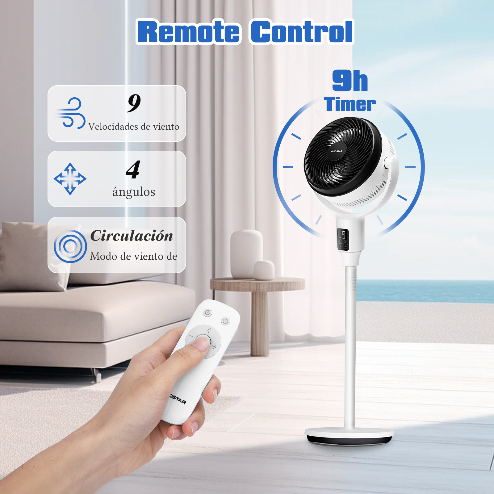 Ventilador blanco y negro con mando a distancia y una mano sosteniéndolo. 9 velocidades y 4 ángulos.