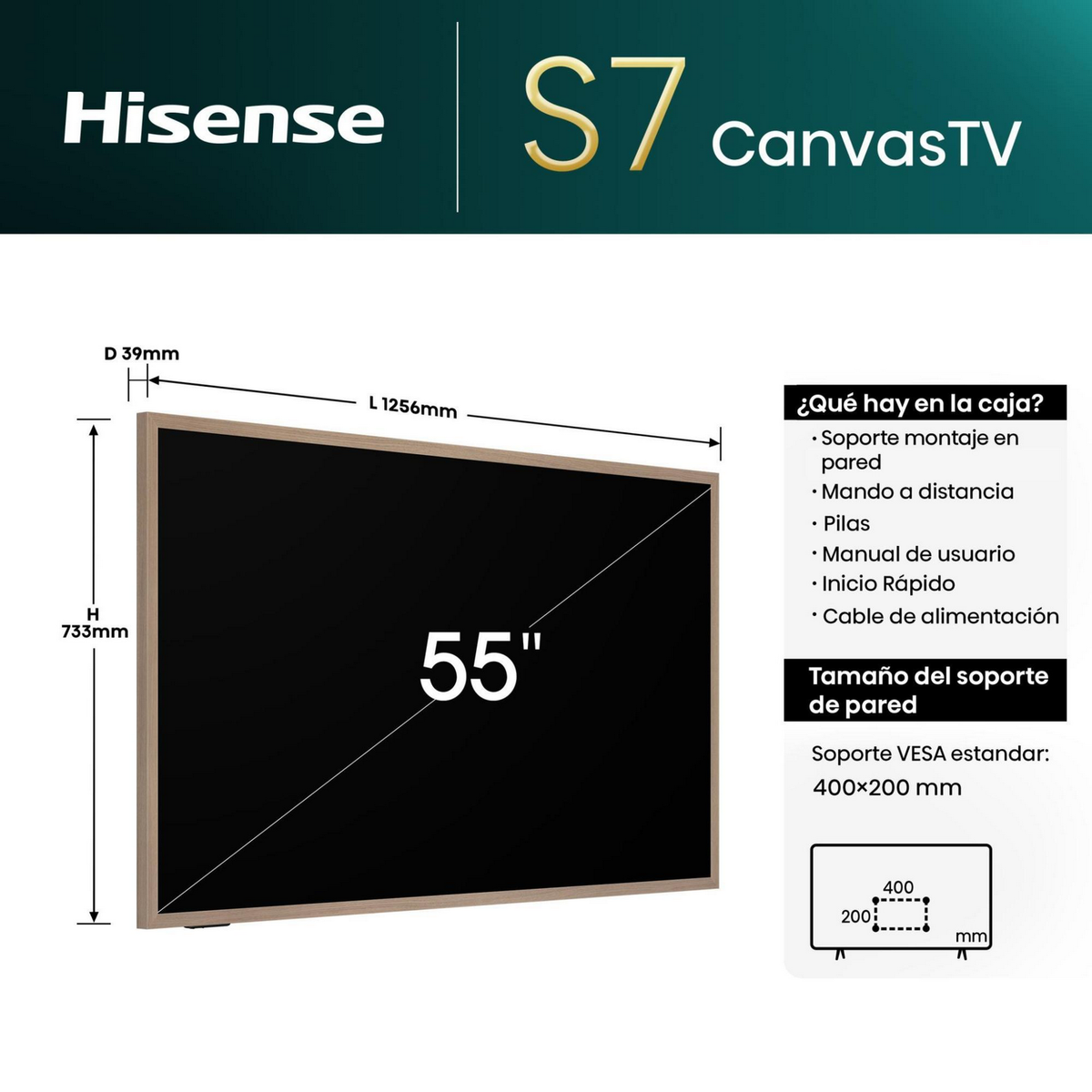 55-calowy telewizor Hisense Canvas z wymiarami i listą dołączonych akcesoriów po prawej stronie.