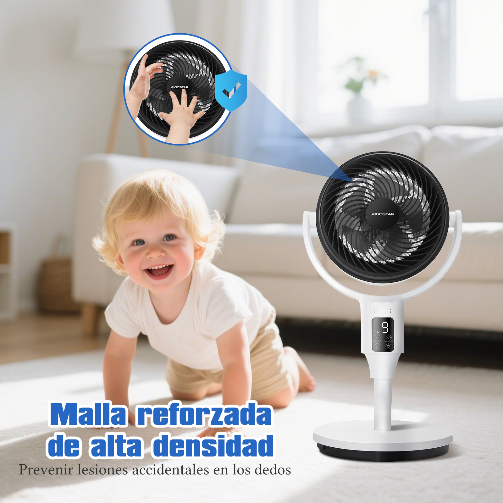 Un ventilador blanco con una aspa negra, un niño pequeño está en el suelo. El ventilador tiene características de seguridad.