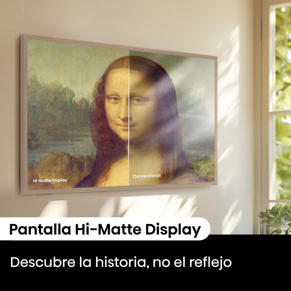 Obraz Mona Lisy jest podzielony na pół. Z jednej strony wyświetlacz Hi-Matte, z drugiej konwencjonalny.
