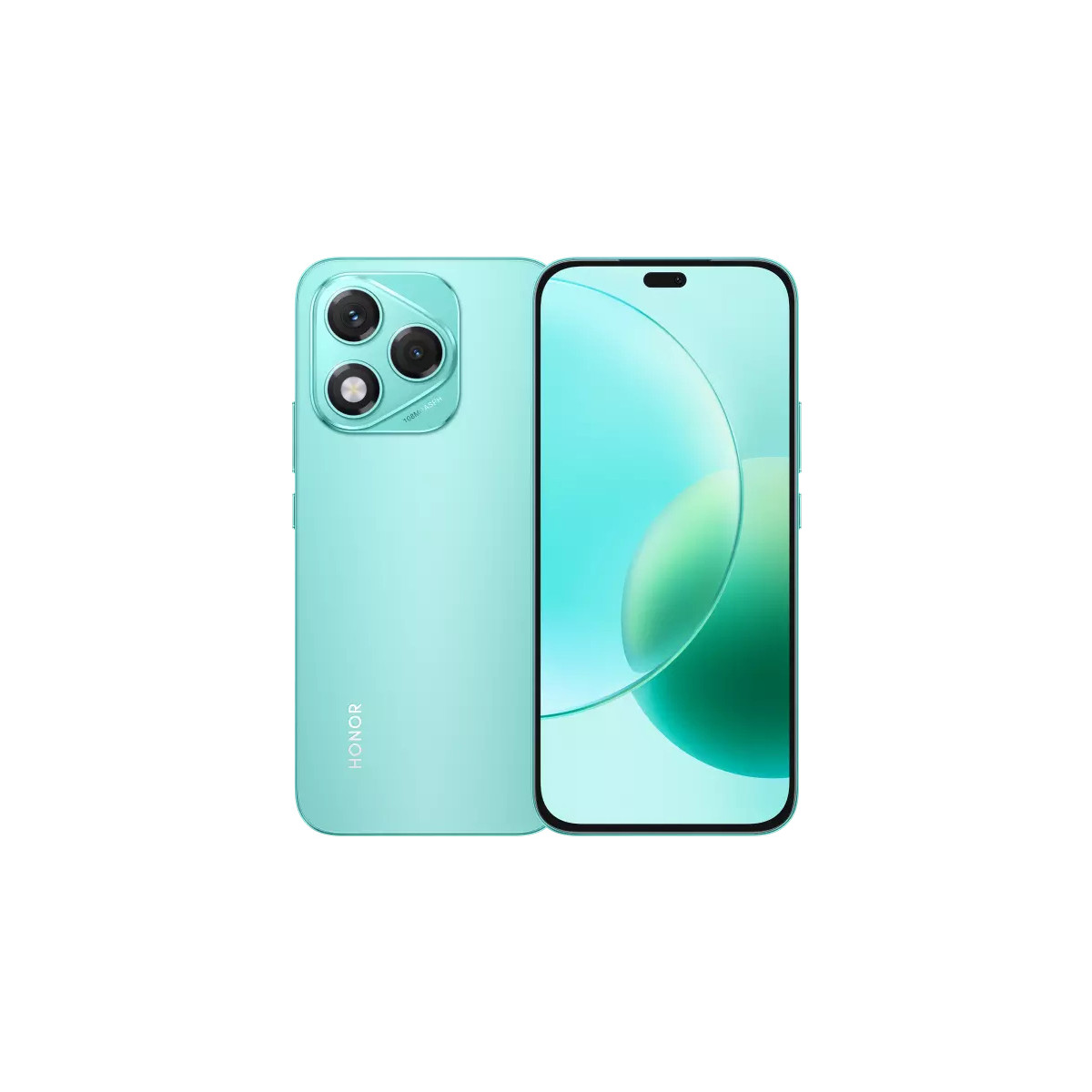 Smartphone with three cameras, light blue color, front view. White background.
