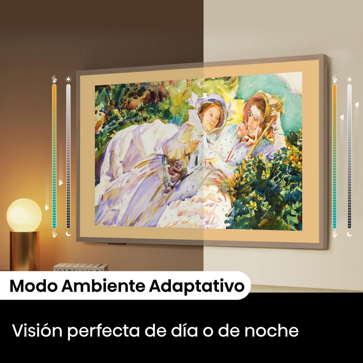 Oprawione dzieło sztuki wyświetlane na ekranie telewizora, z tekstem o adaptacyjnym trybie otoczenia.
