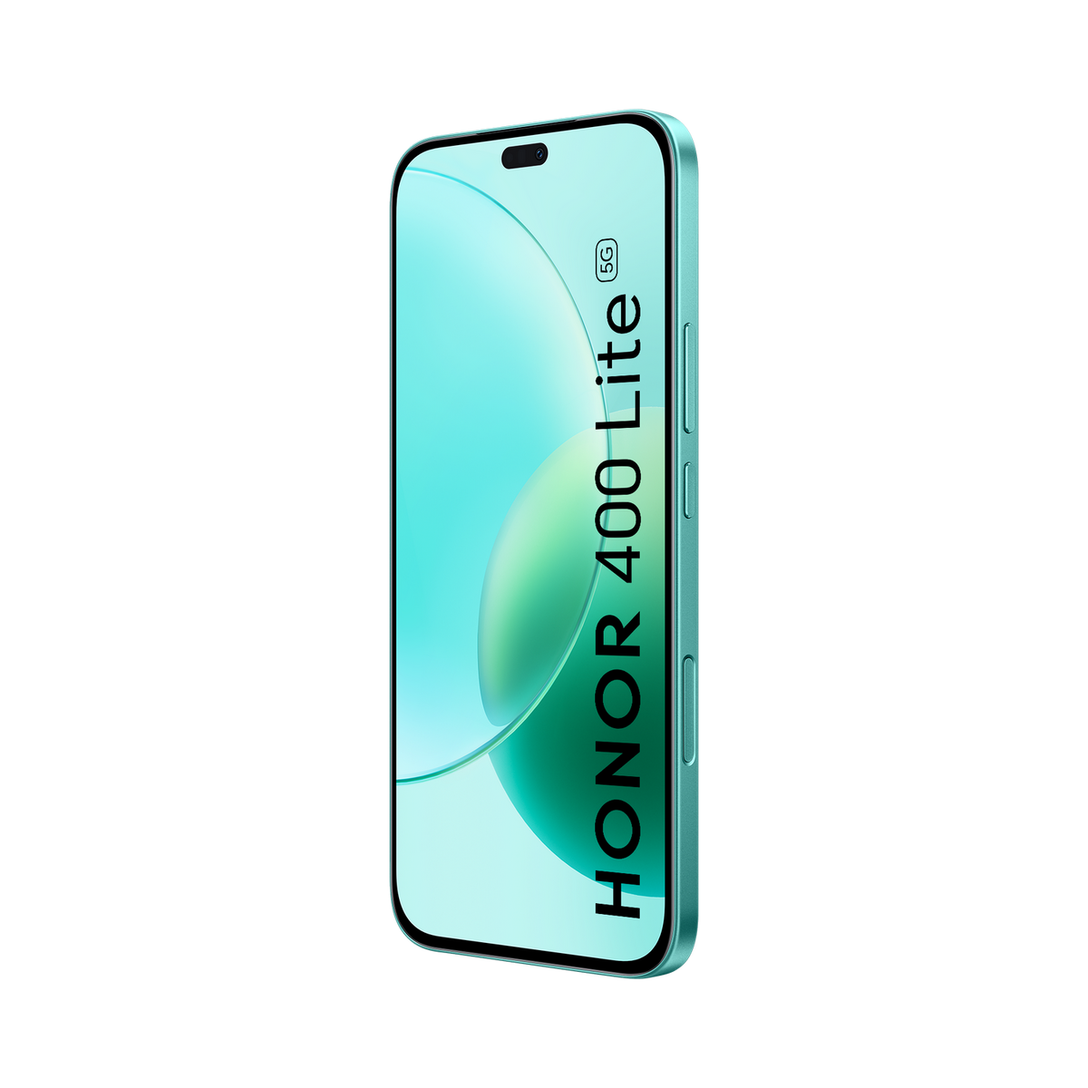 A light green Honor 400 Lite 5G smartphone on a black background, angled view.