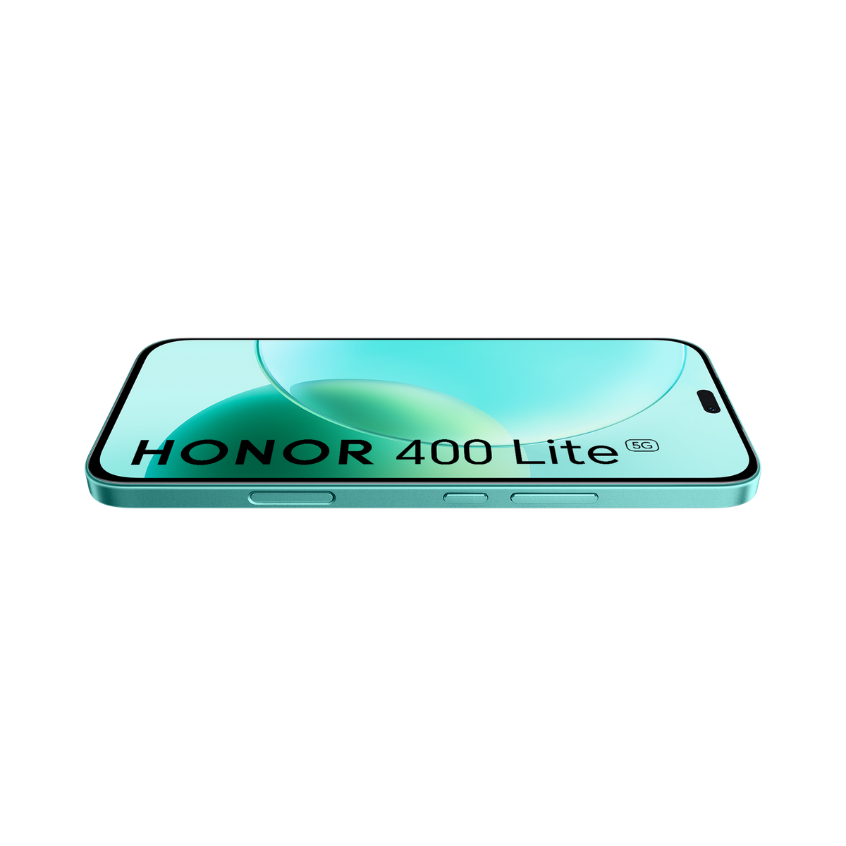 A turquoise Honor 400 Lite 5G phone, lying flat, on a black background. The screen has a light-blue design.