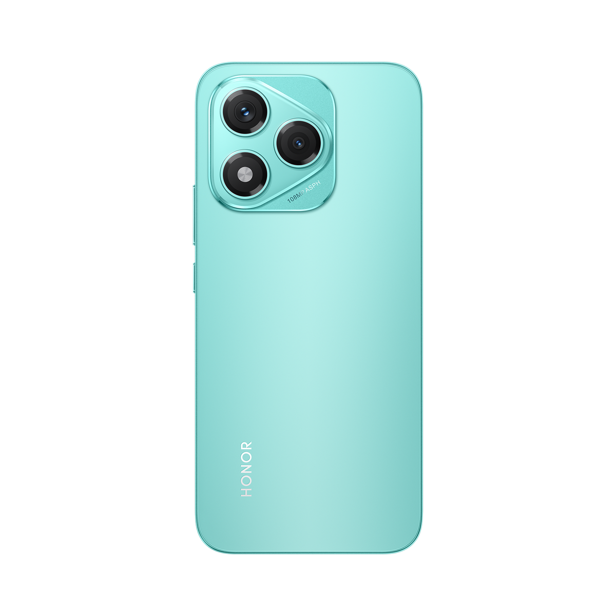 Mint green smartphone, rear view, with three camera lenses and the Honor logo.